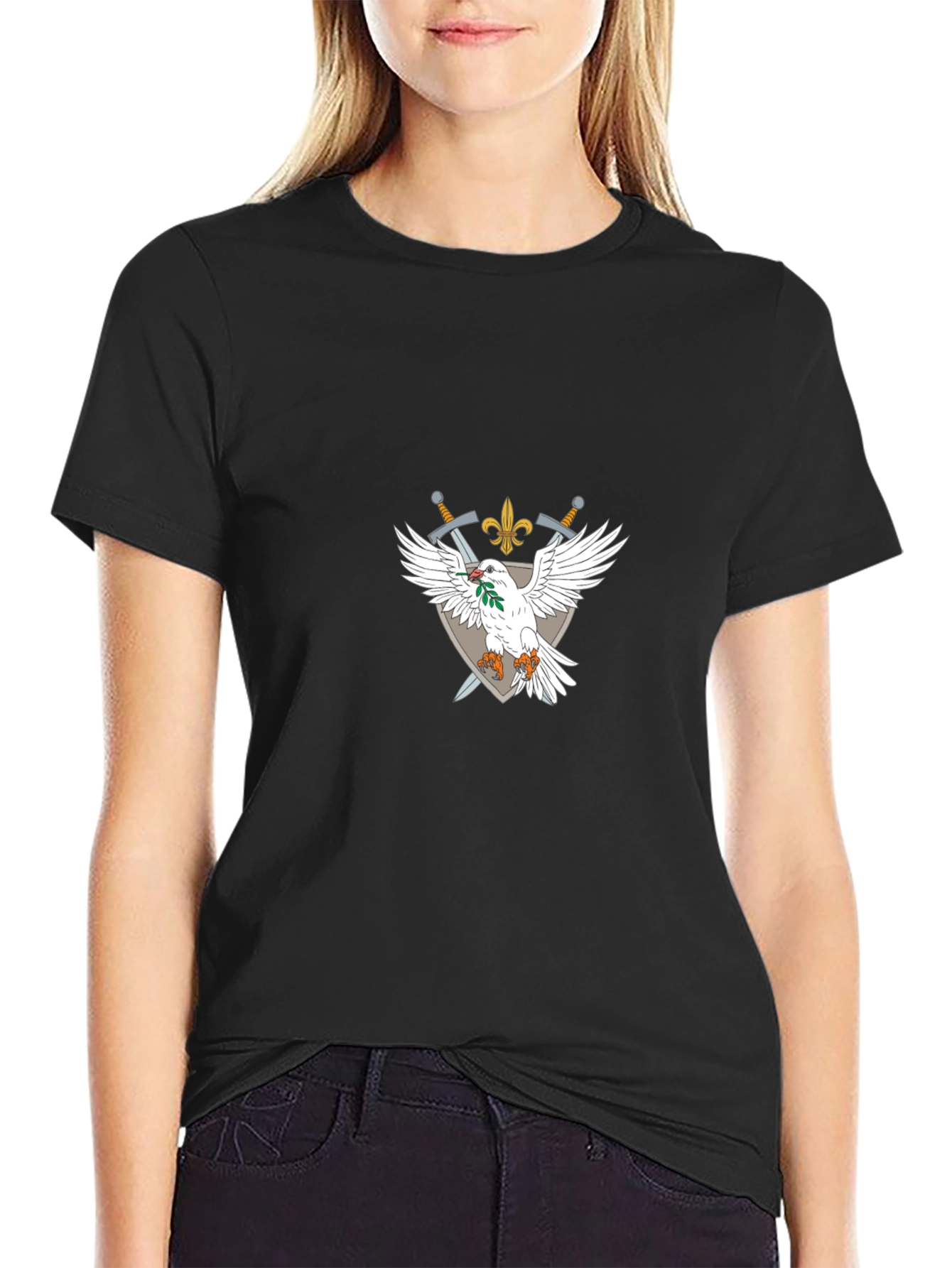 Emblem Tee: White Dove Crossed Swords Fleur-de-lis