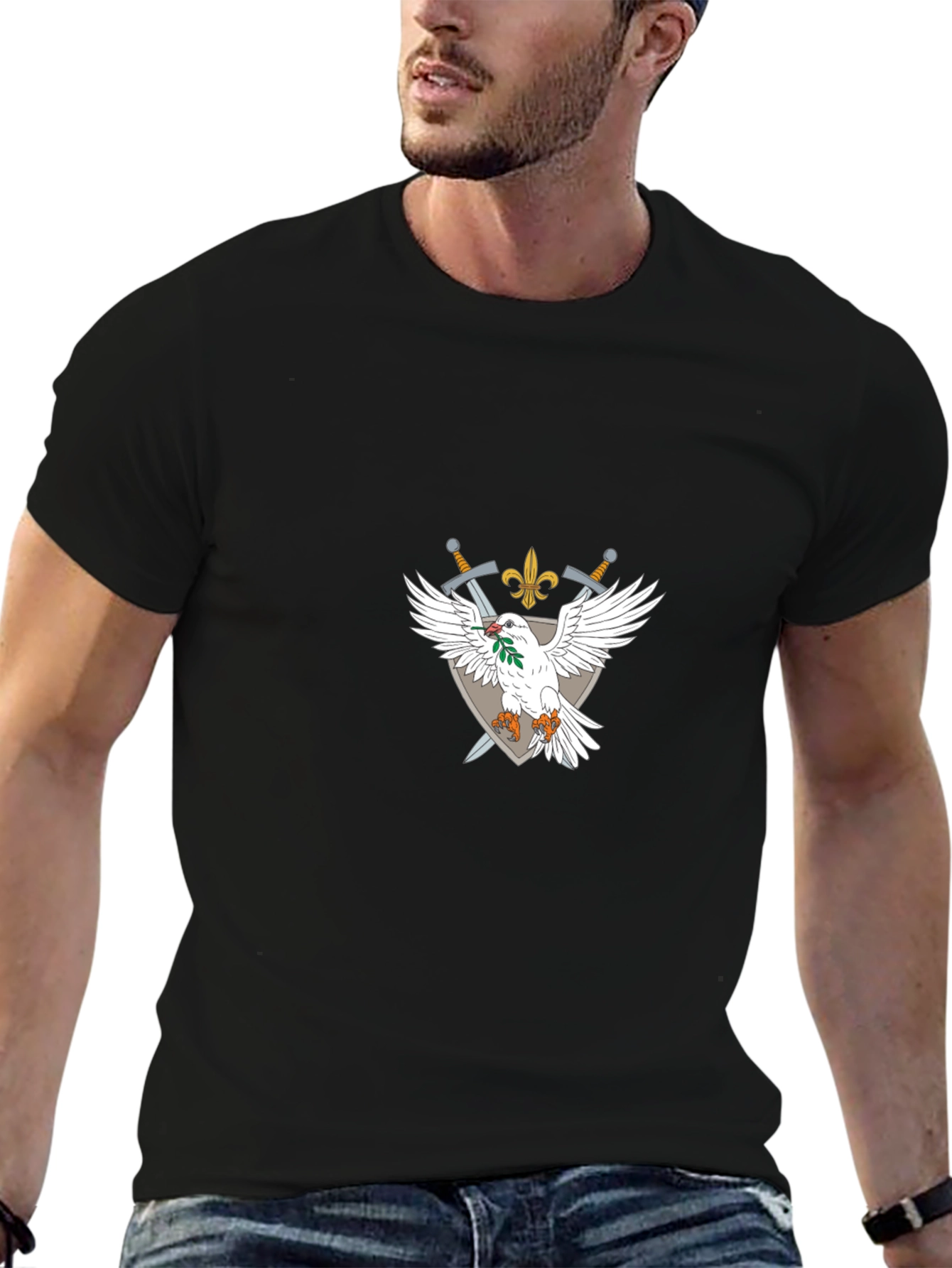 Emblem Tee: White Dove Crossed Swords Fleur-de-lis