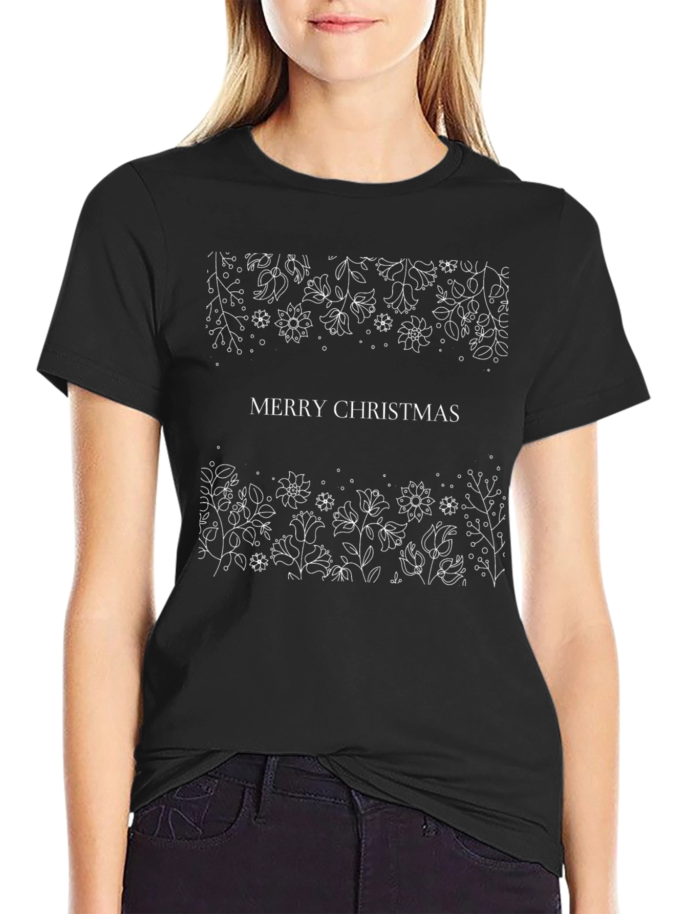 Merry Christmas Floral Tee - Black Holiday T-Shirt