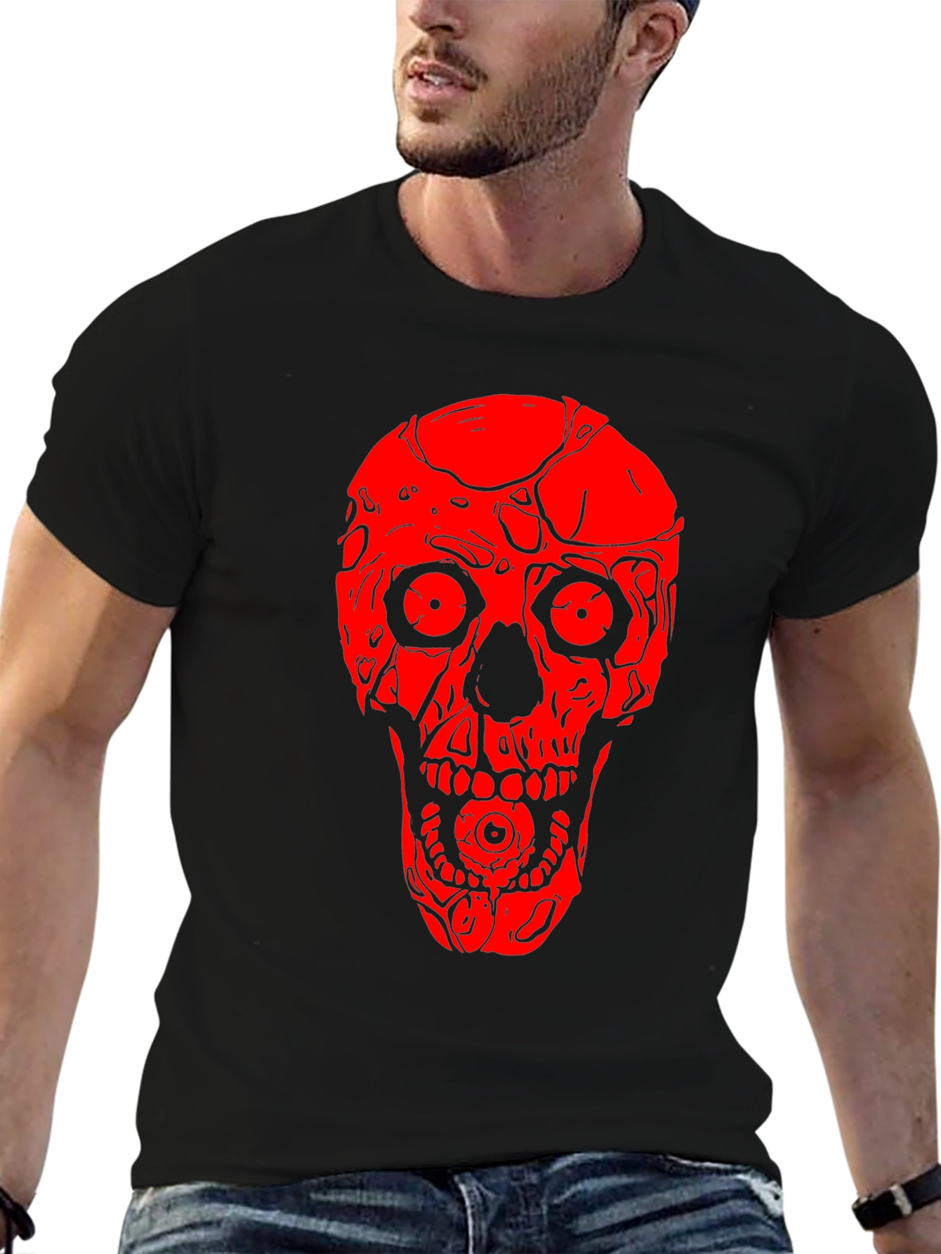 Skull Graphic Tee - Red on Black