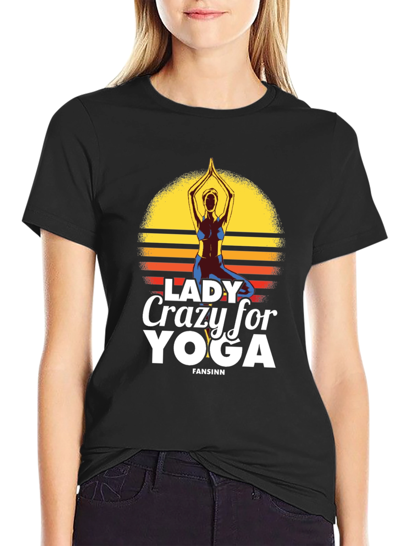 Lady Crazy For Yoga Black T-Shirt