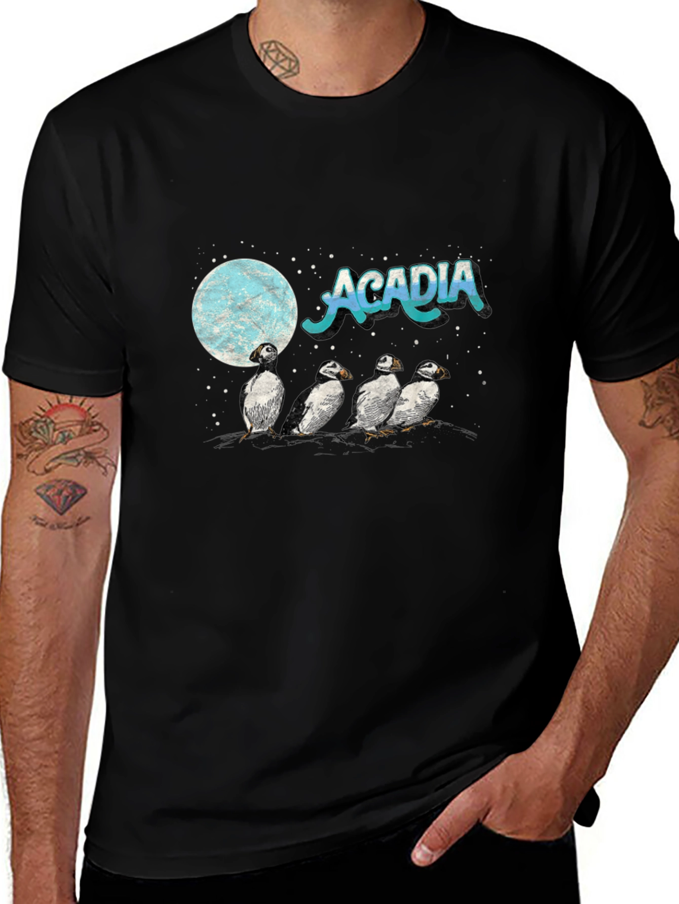Acadia Puffin Moon Black T-Shirt