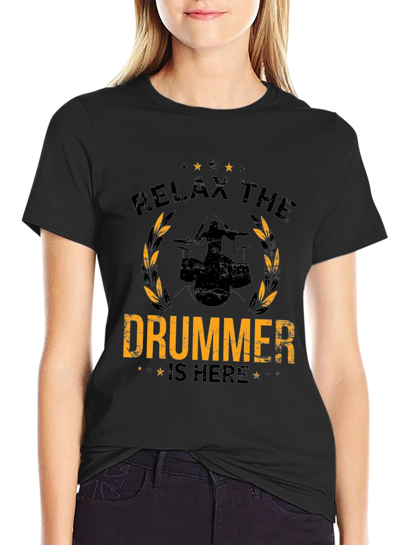 Relax the Drummer is Here Black Graphic Tee