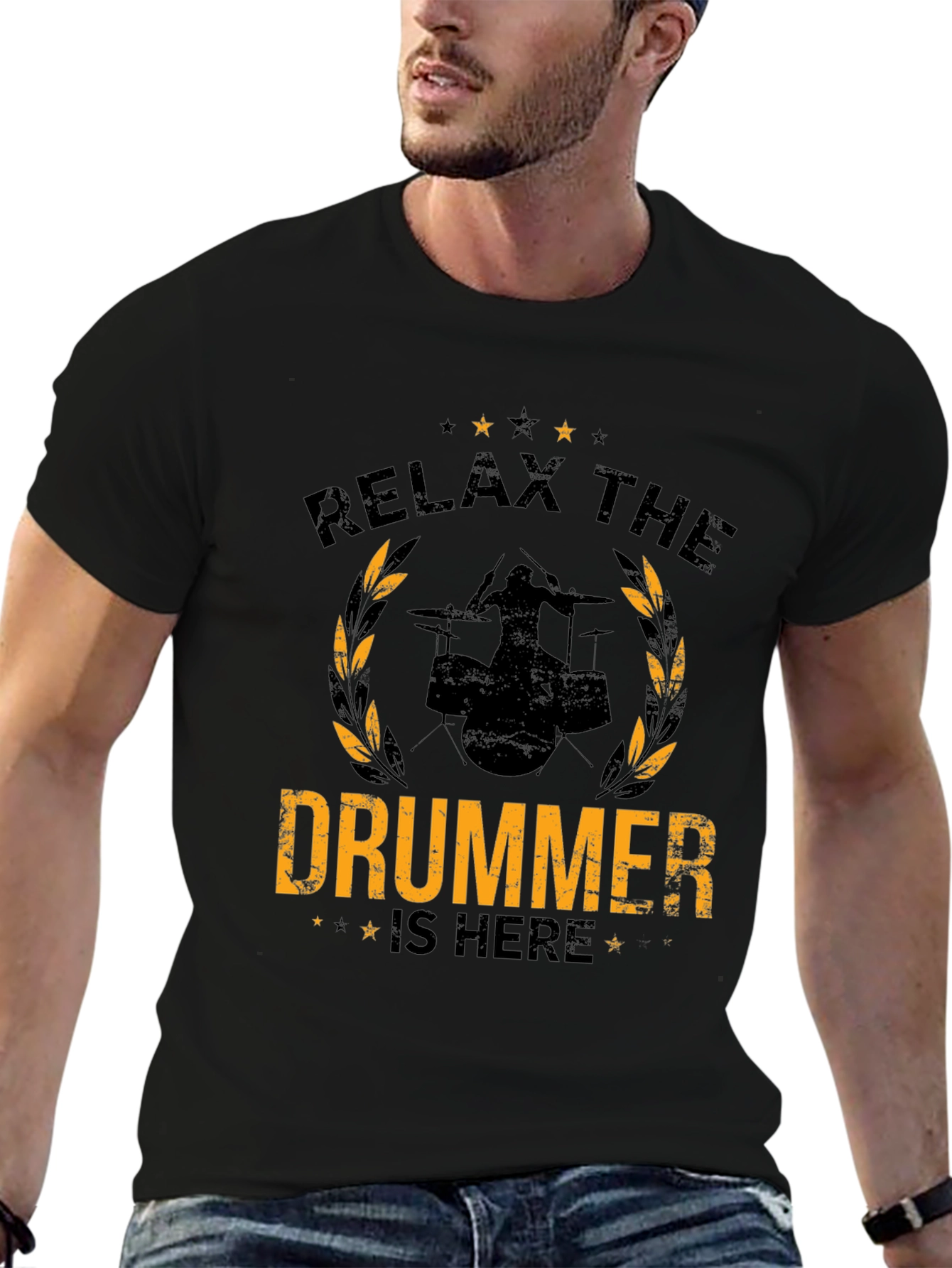 Relax the Drummer is Here Black Graphic Tee
