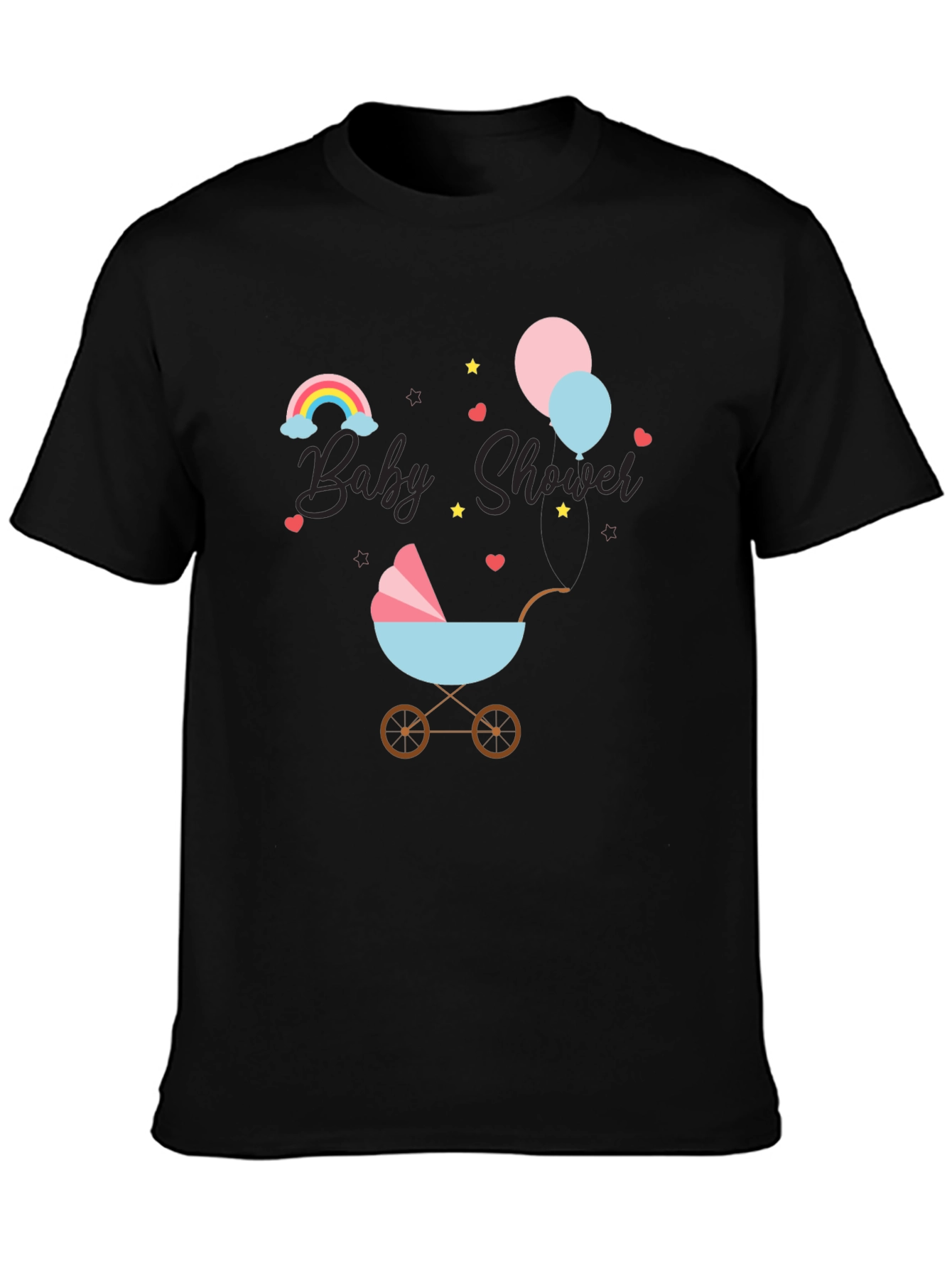 Baby Shower T-Shirt with Rainbow & Stroller Design