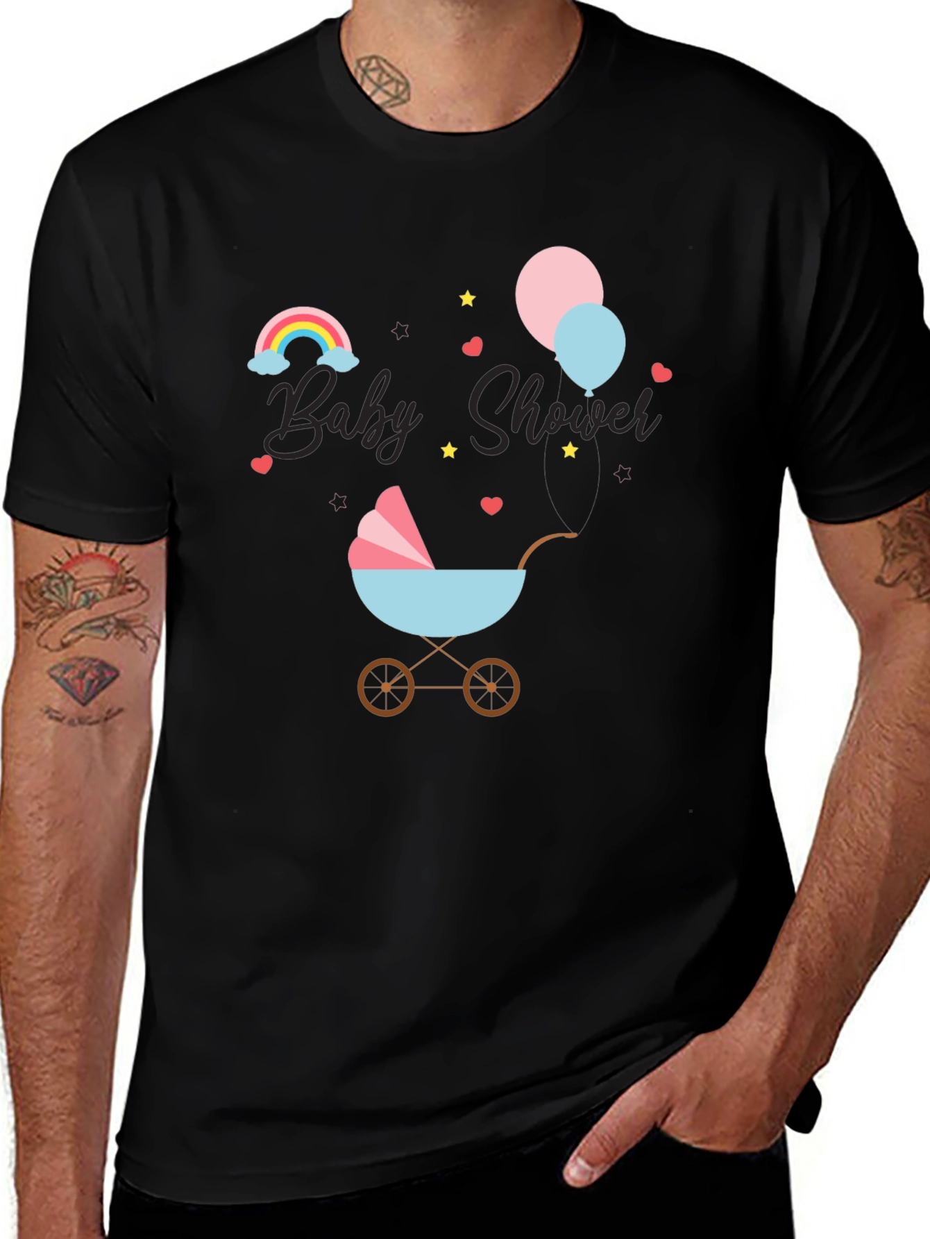 Baby Shower T-Shirt with Rainbow & Stroller Design