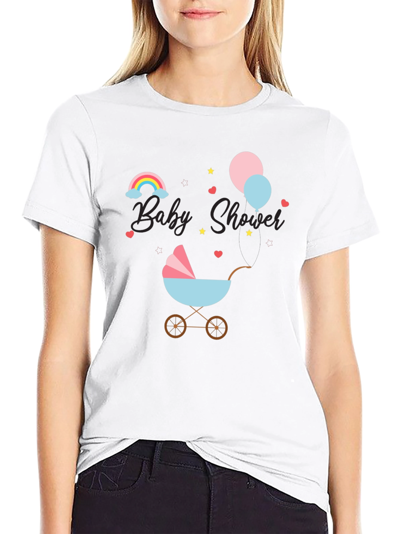 Baby Shower T-Shirt with Rainbow & Stroller Design