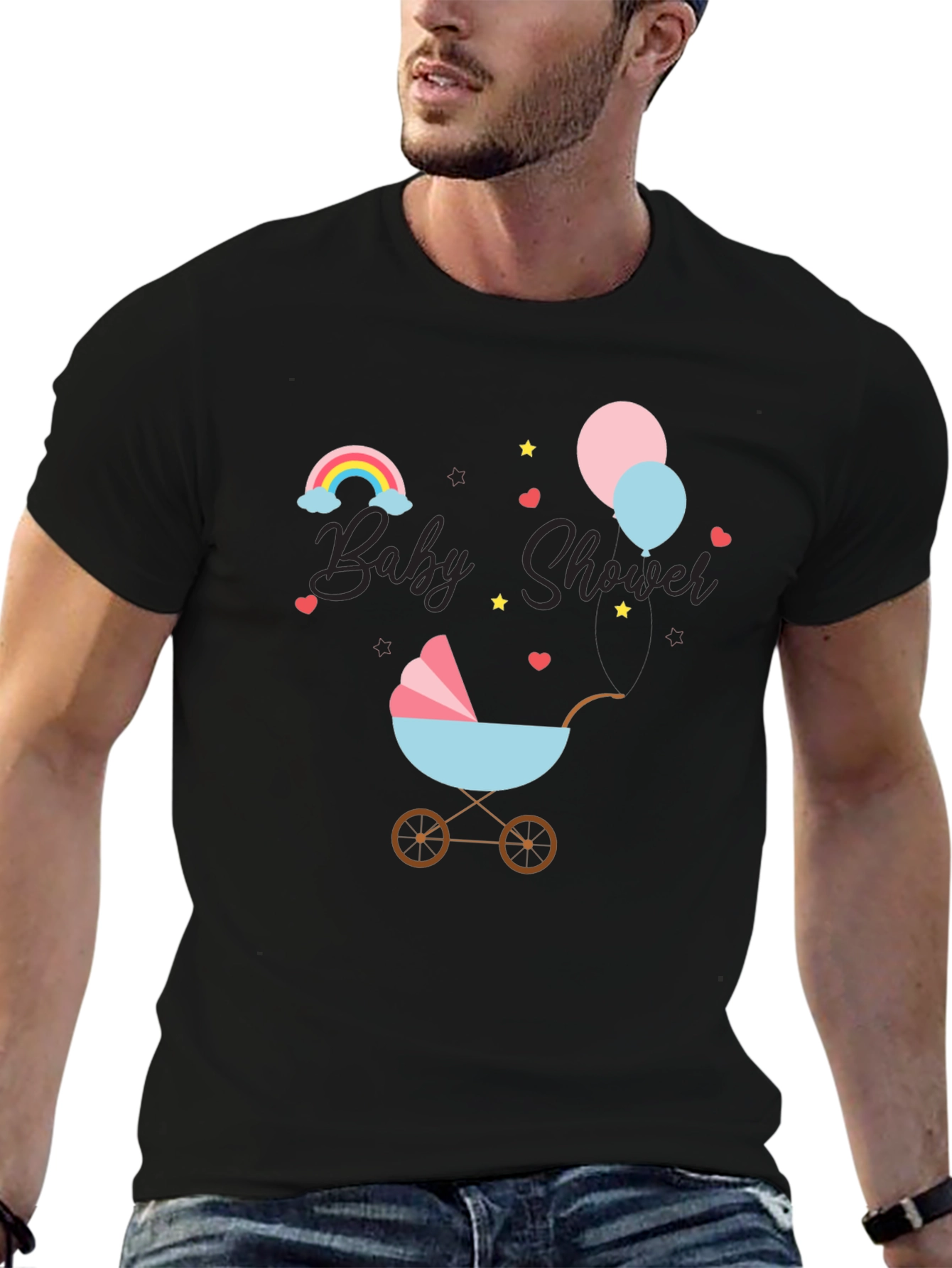 Baby Shower T-Shirt with Rainbow & Stroller Design