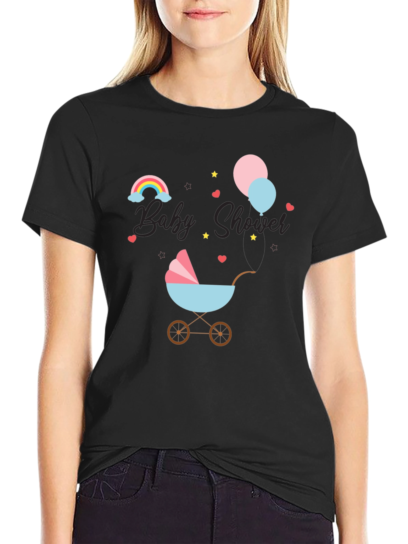 Baby Shower T-Shirt with Rainbow & Stroller Design