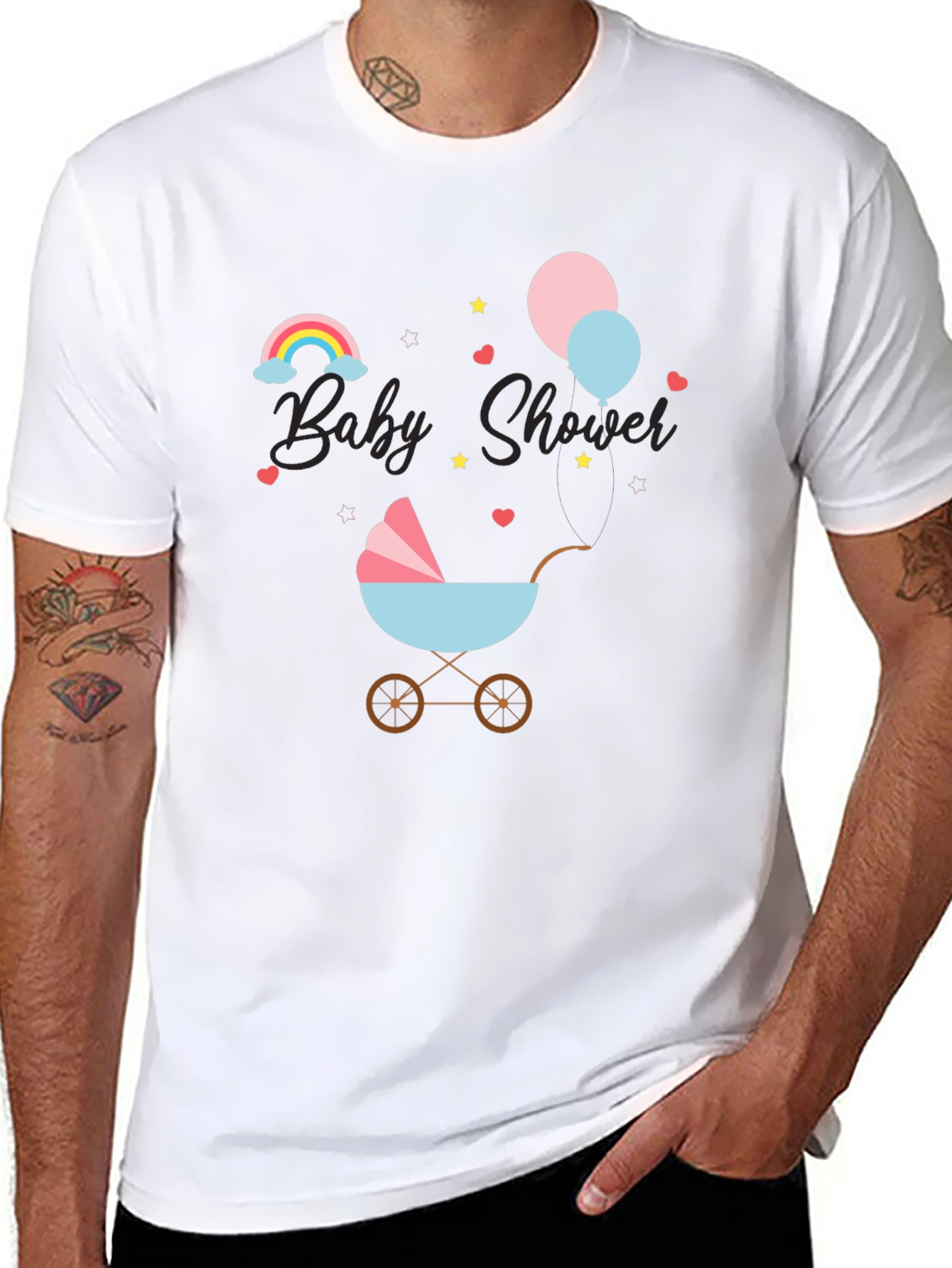 Baby Shower T-Shirt with Rainbow & Stroller Design