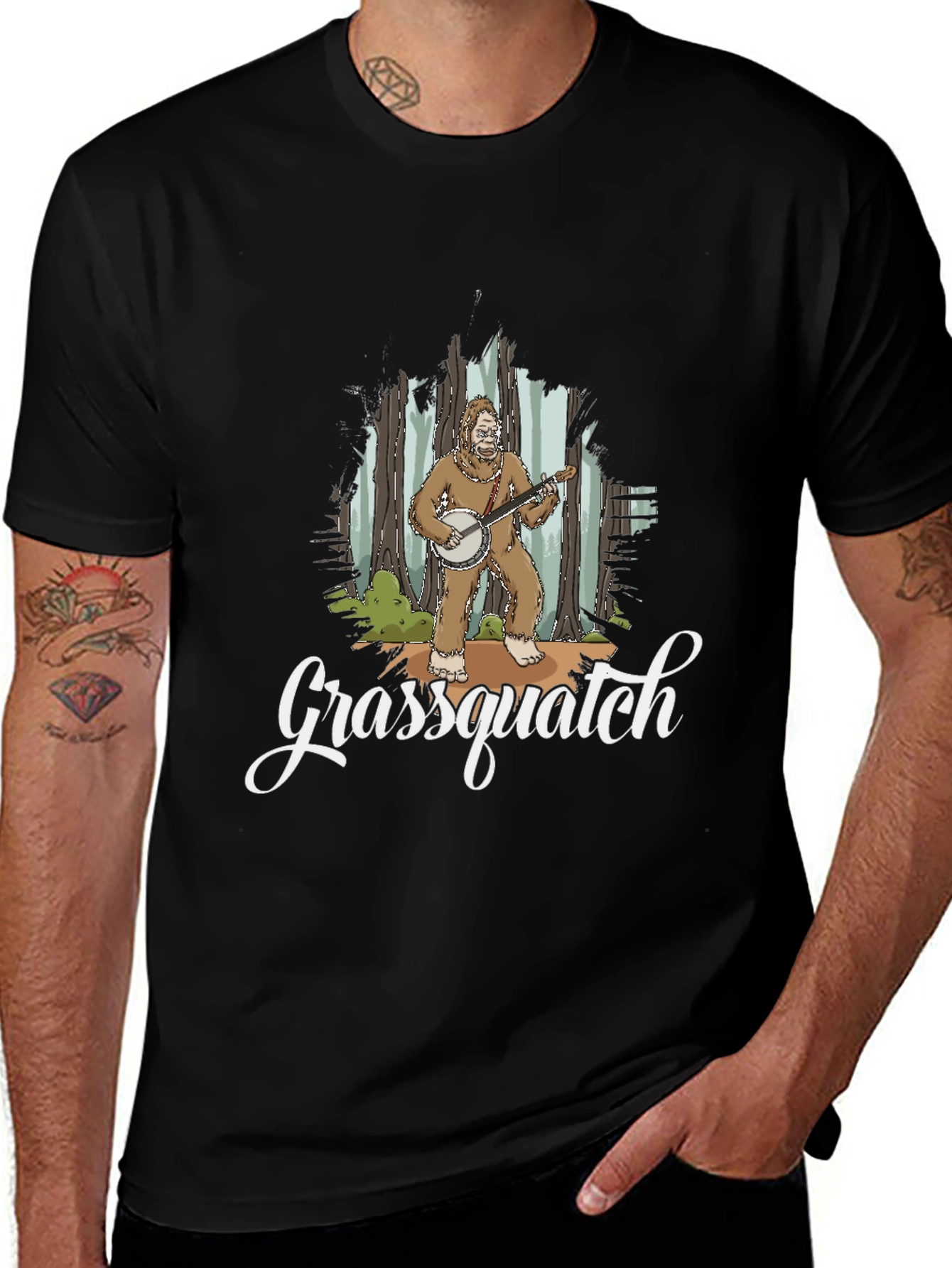 Grassquatch Graphic T-Shirt - Bigfoot Banjo Design