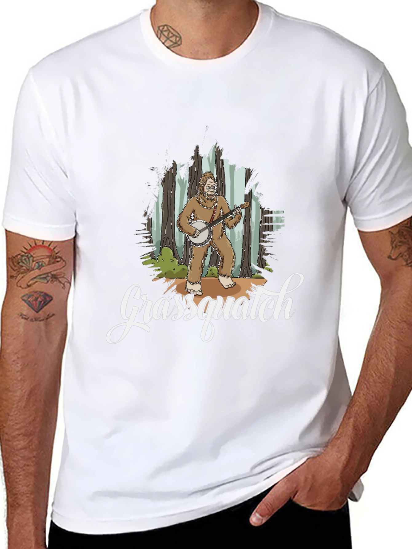Grassquatch Graphic T-Shirt - Bigfoot Banjo Design