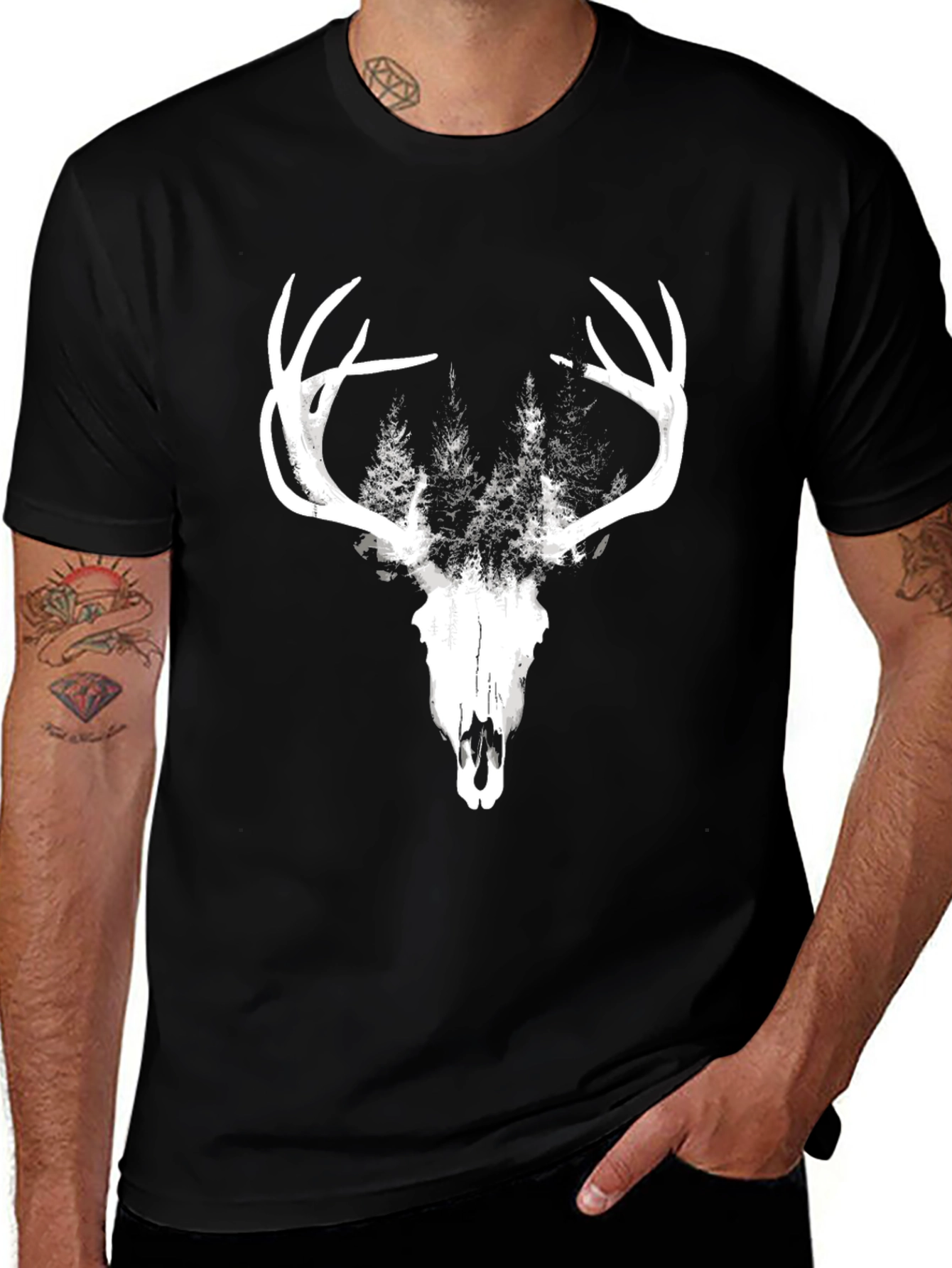 Mens Black Deer Skull & Forest Graphic Tee