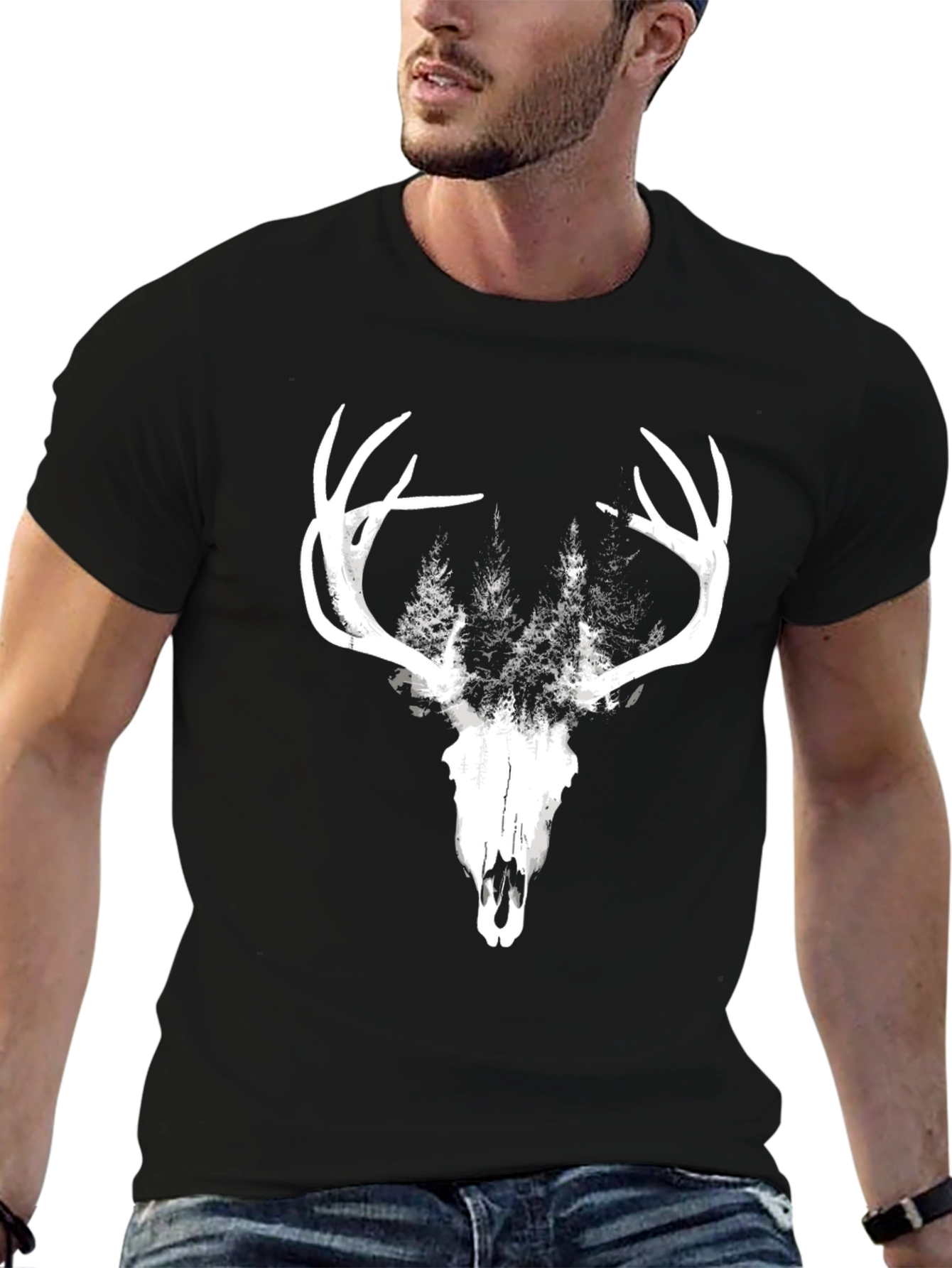 Mens Black Deer Skull & Forest Graphic Tee