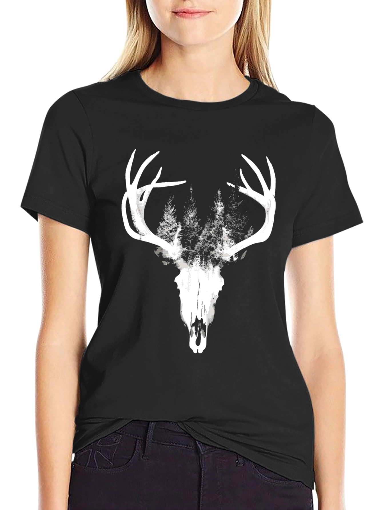 Mens Black Deer Skull & Forest Graphic Tee