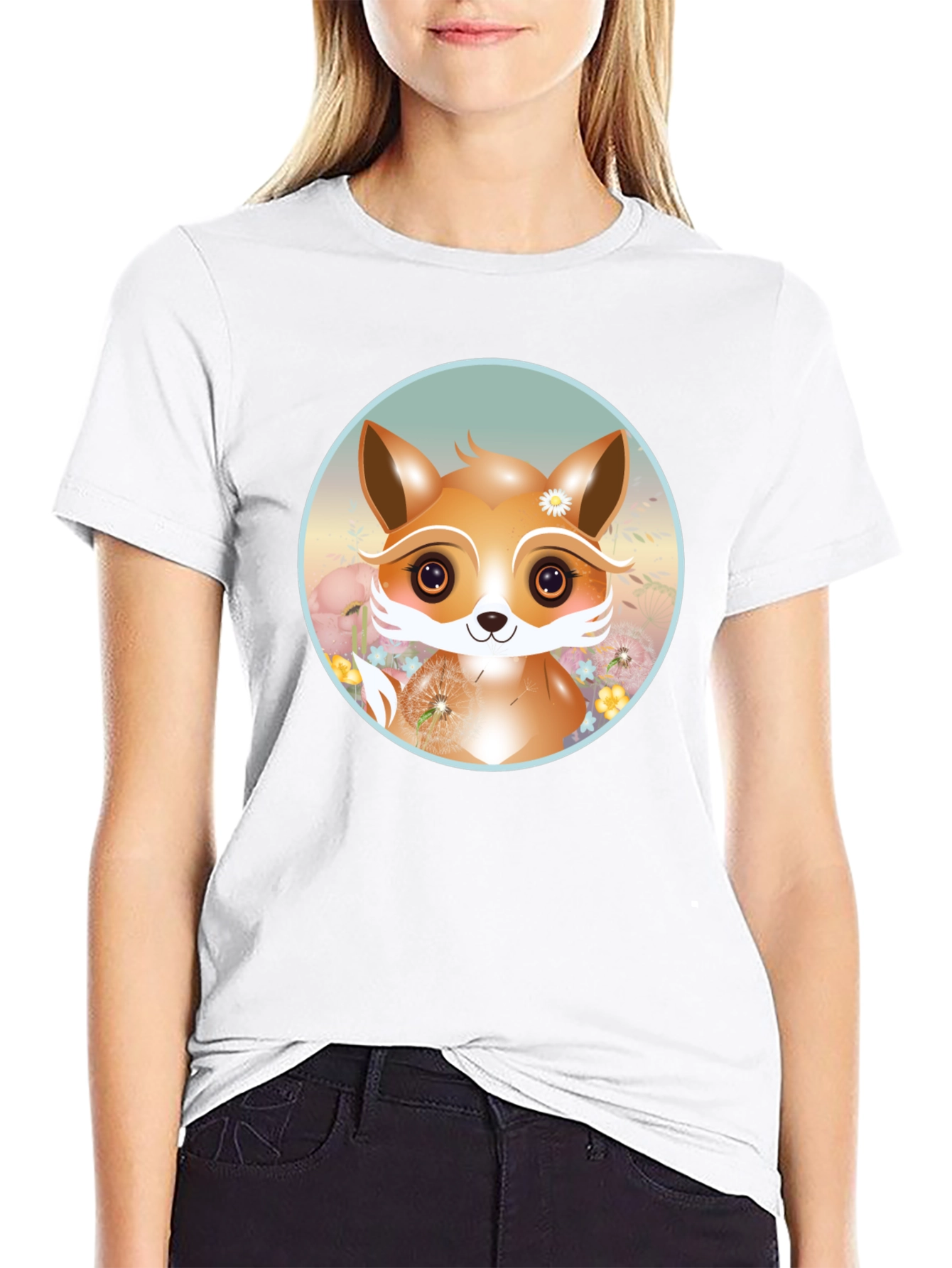 Cute Fox Graphic Tee - Black Cotton Blend