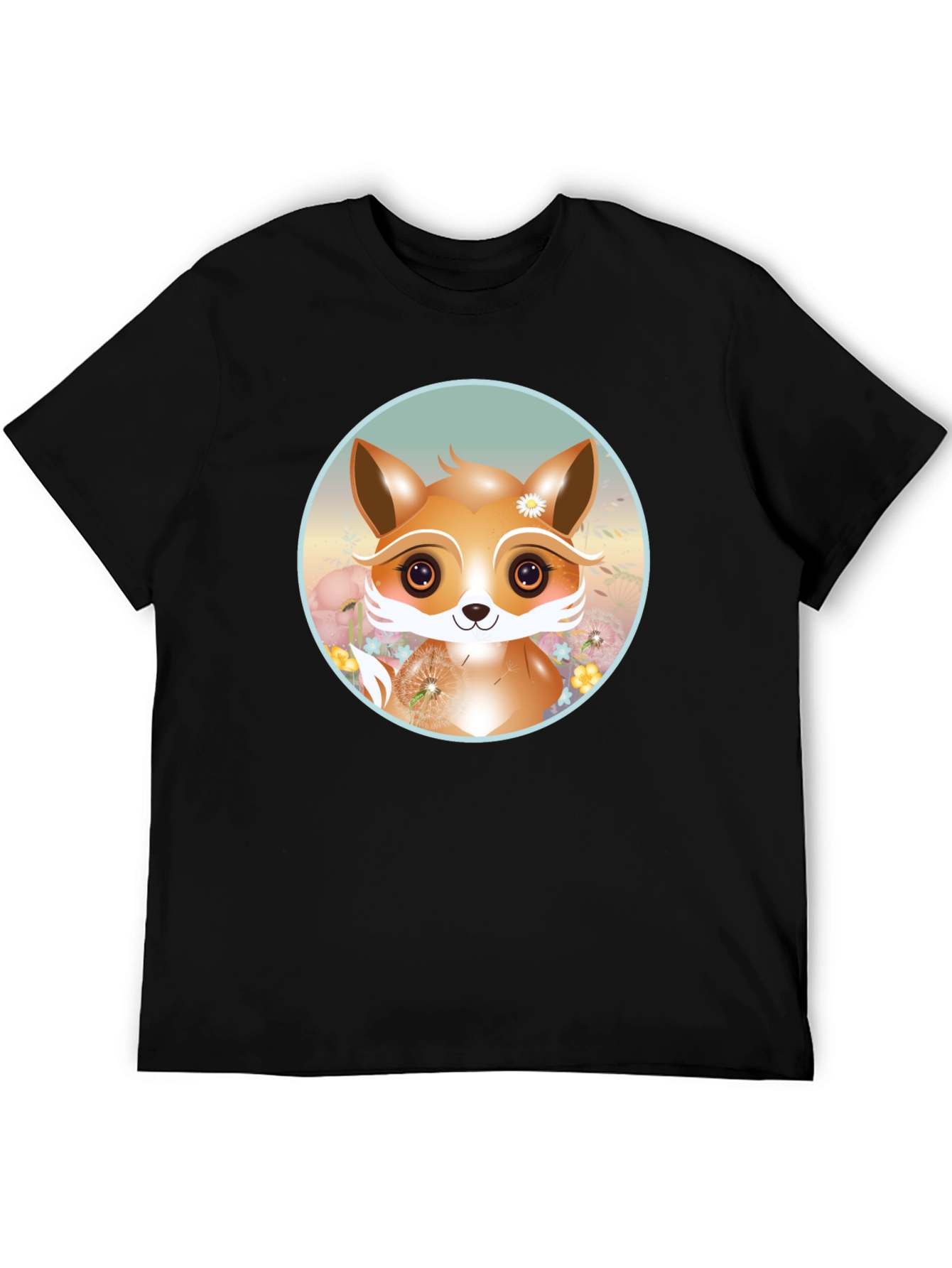 Cute Fox Graphic Tee - Black Cotton Blend