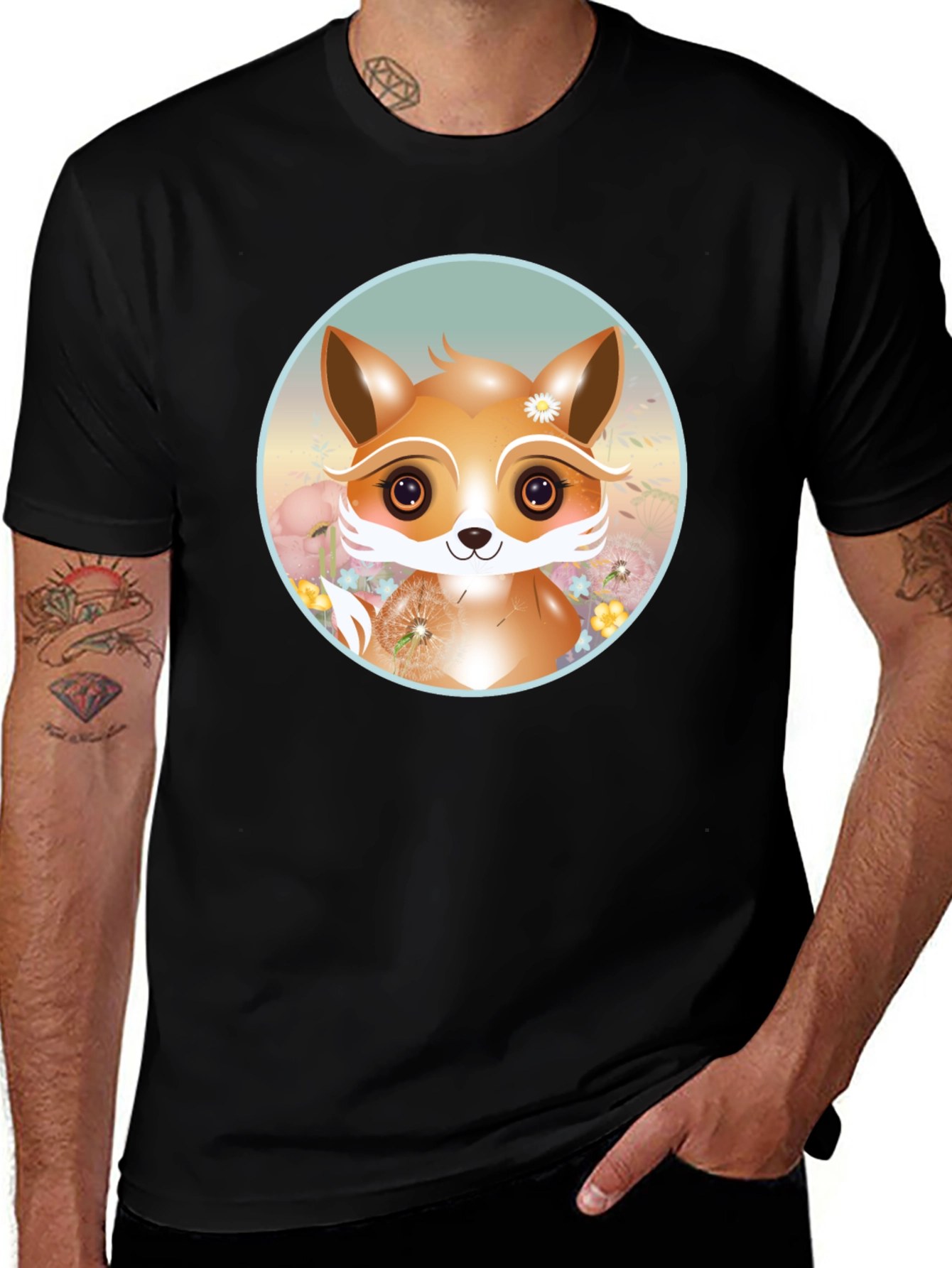 Cute Fox Graphic Tee - Black Cotton Blend