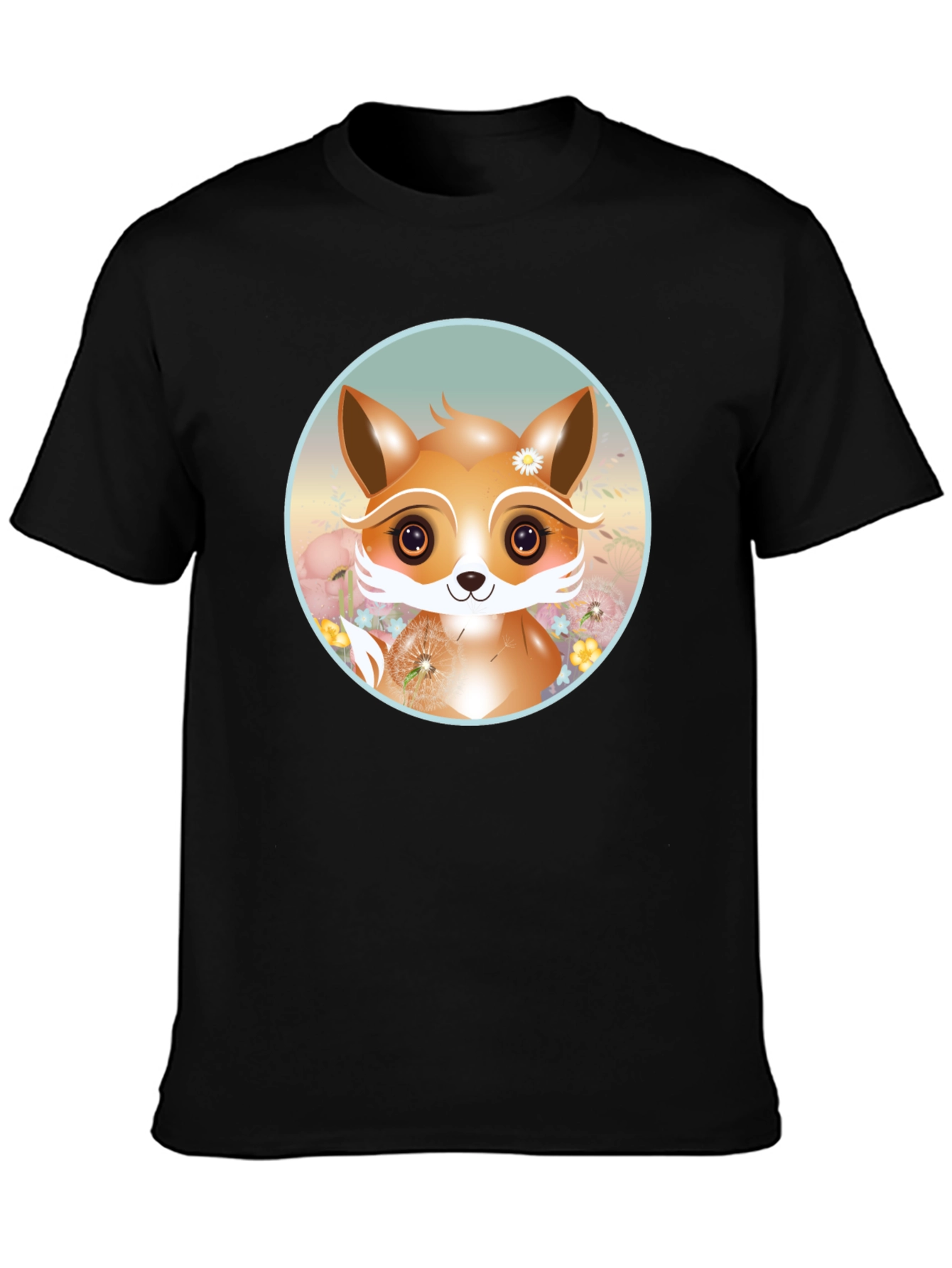 Cute Fox Graphic Tee - Black Cotton Blend