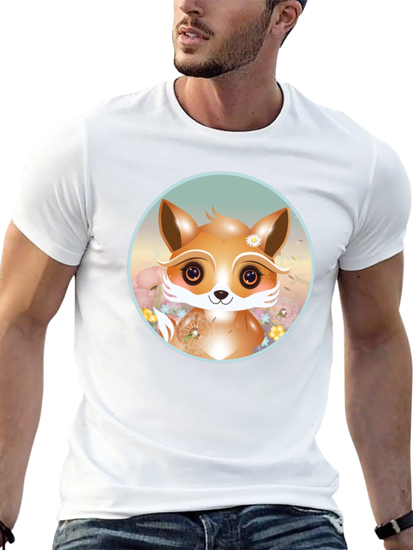 Cute Fox Graphic Tee - Black Cotton Blend