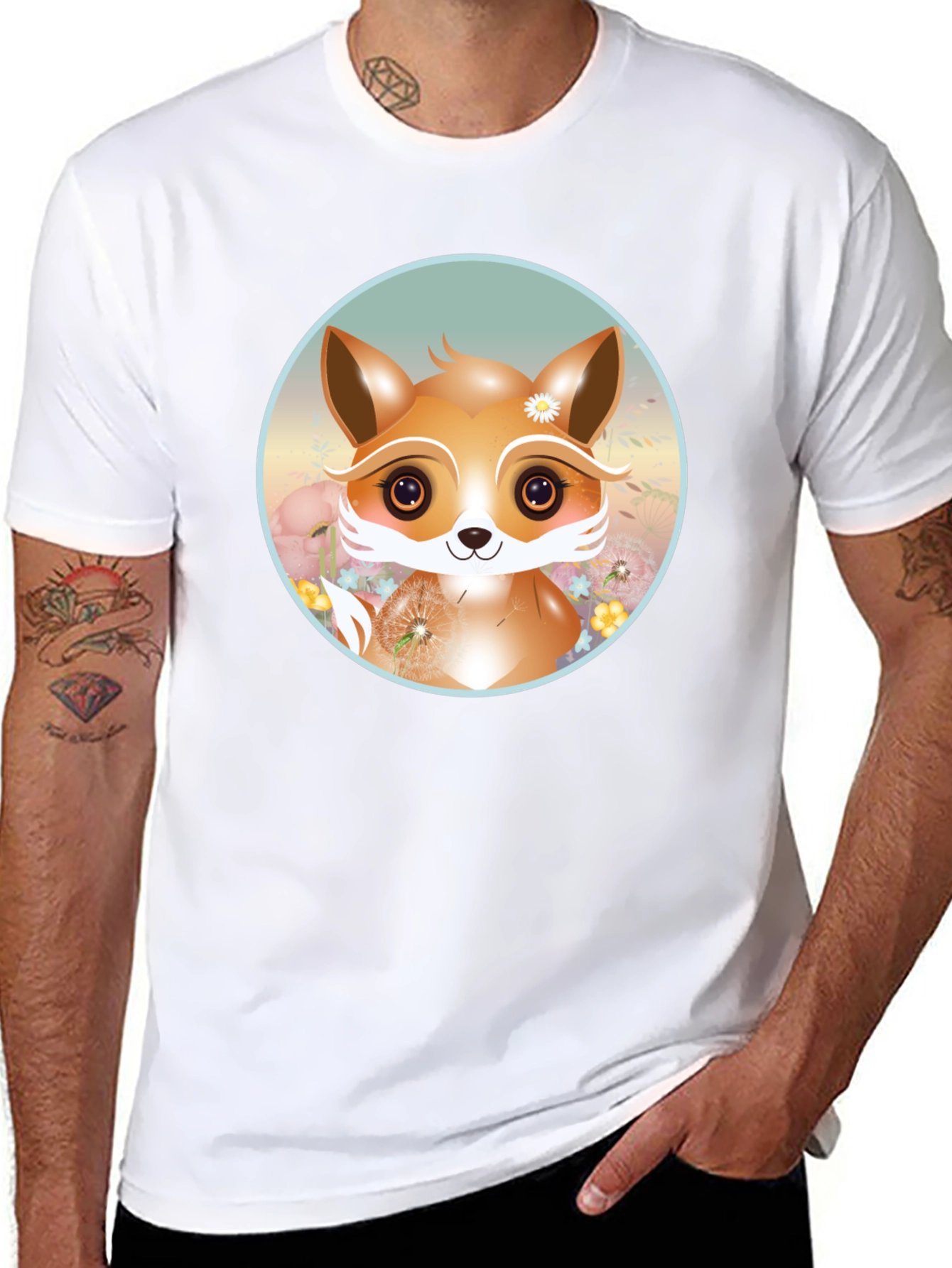Cute Fox Graphic Tee - Black Cotton Blend