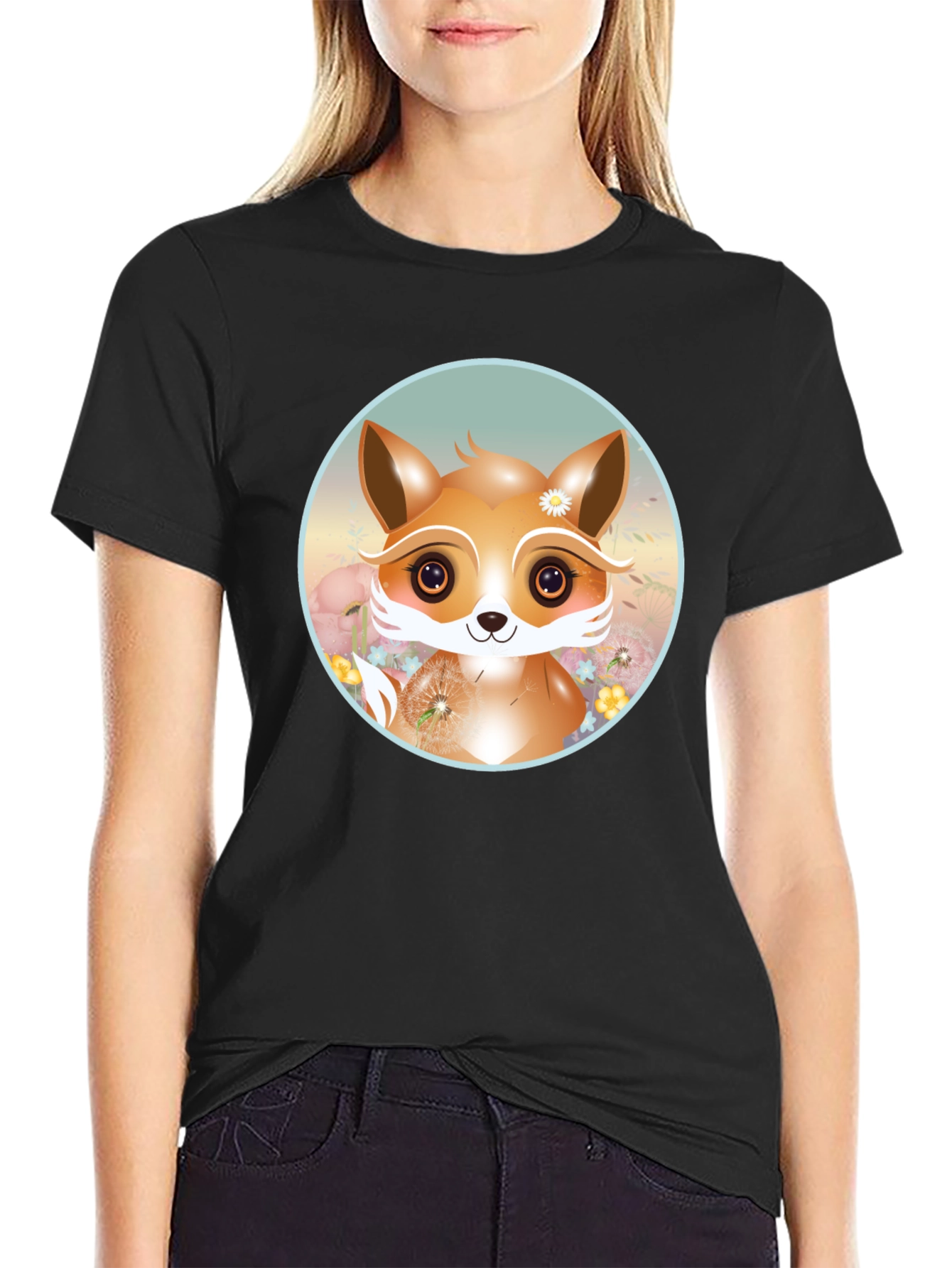 Cute Fox Graphic Tee - Black Cotton Blend