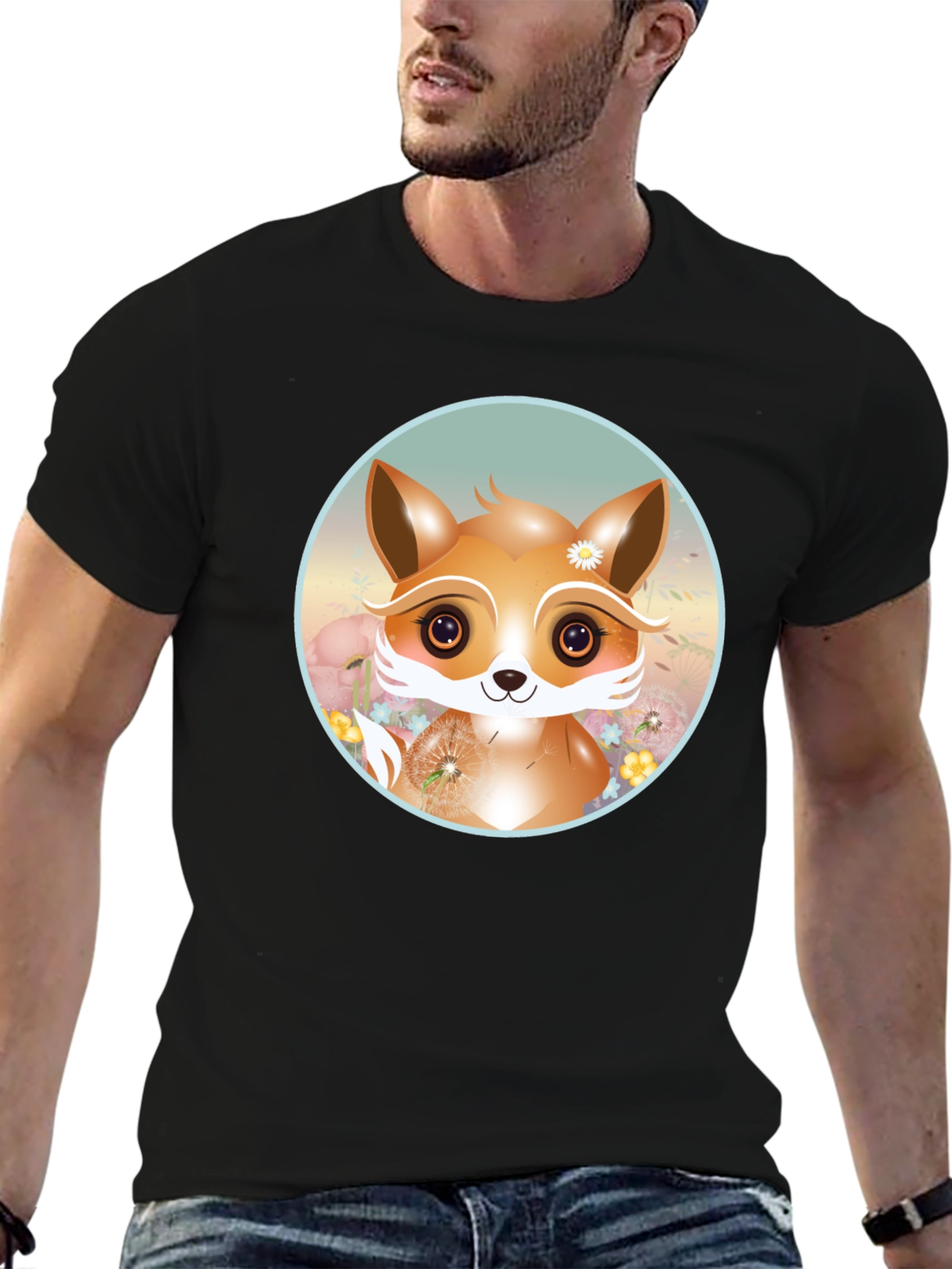 Cute Fox Graphic Tee - Black Cotton Blend
