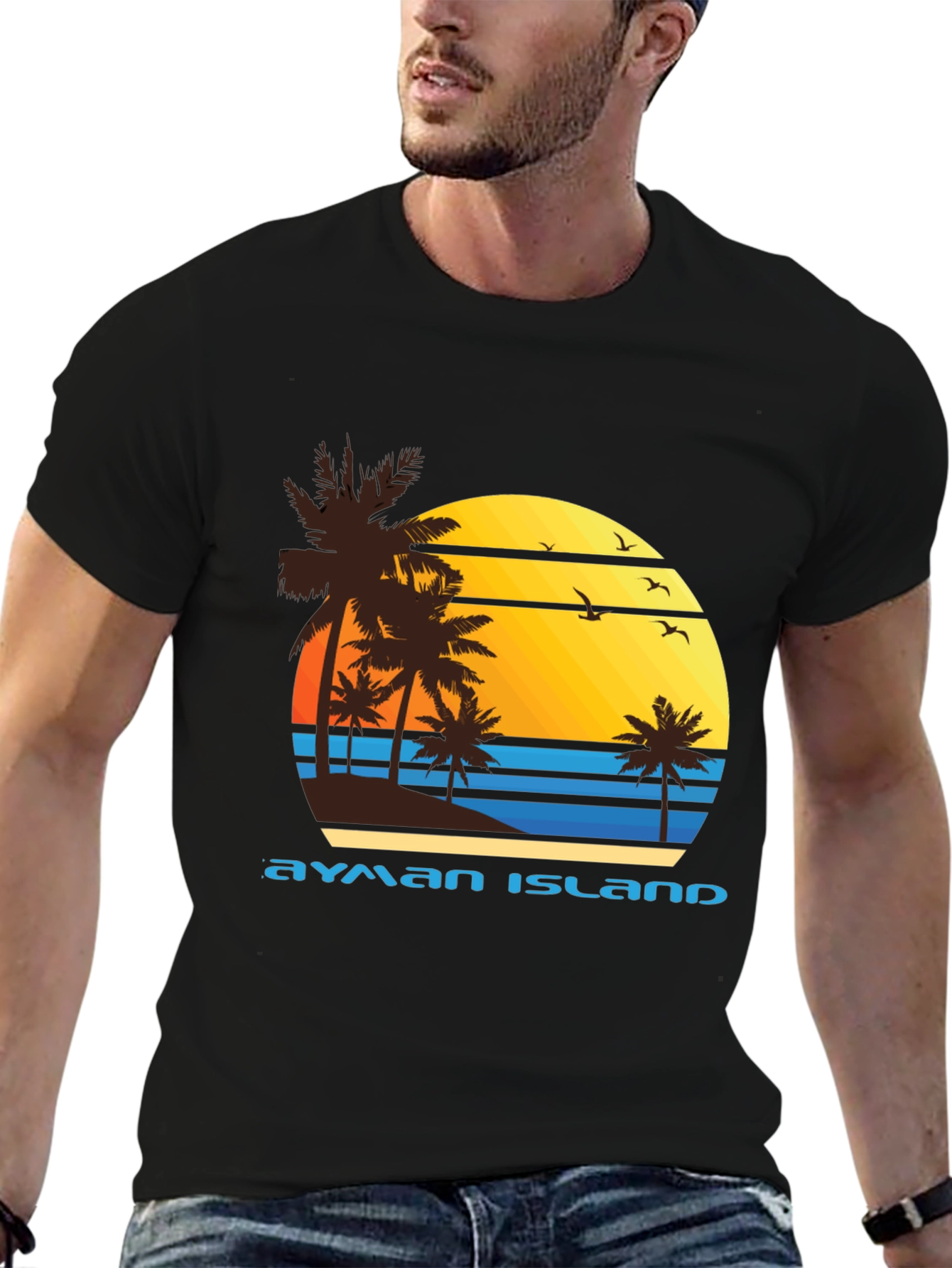 Ayman Island Graphic Tee - Retro Sunset Palm Design