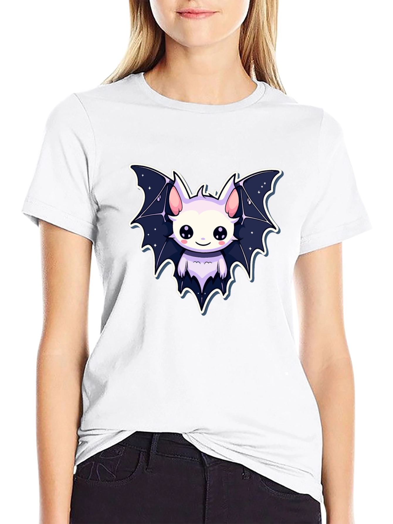 Cute Cartoon Bat Graphic Tee - Black Cotton Shirt