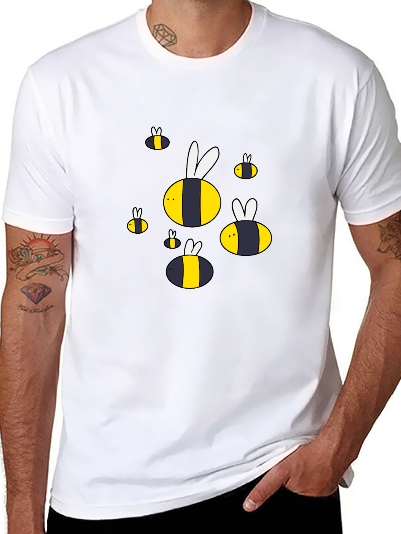 Cartoon Bee Graphic T-Shirt - Black Cotton Blend