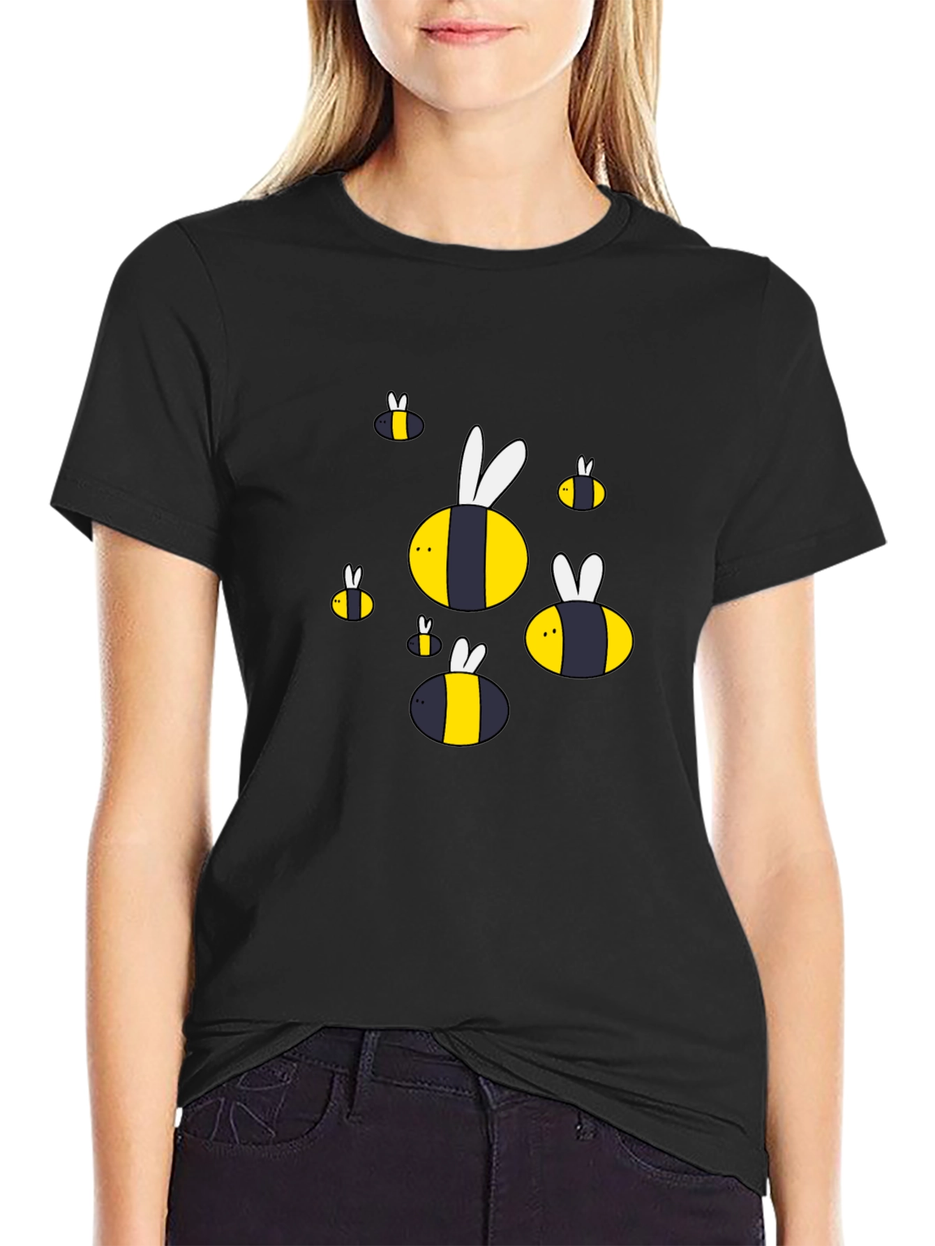 Cartoon Bee Graphic T-Shirt - Black Cotton Blend
