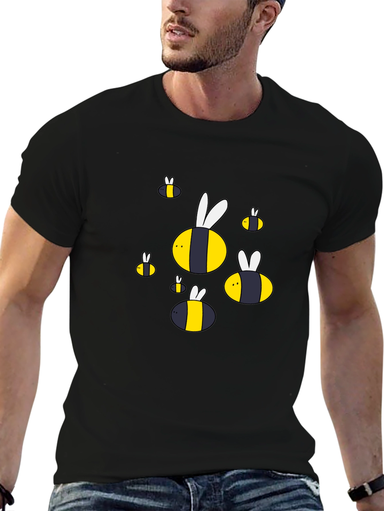 Cartoon Bee Graphic T-Shirt - Black Cotton Blend