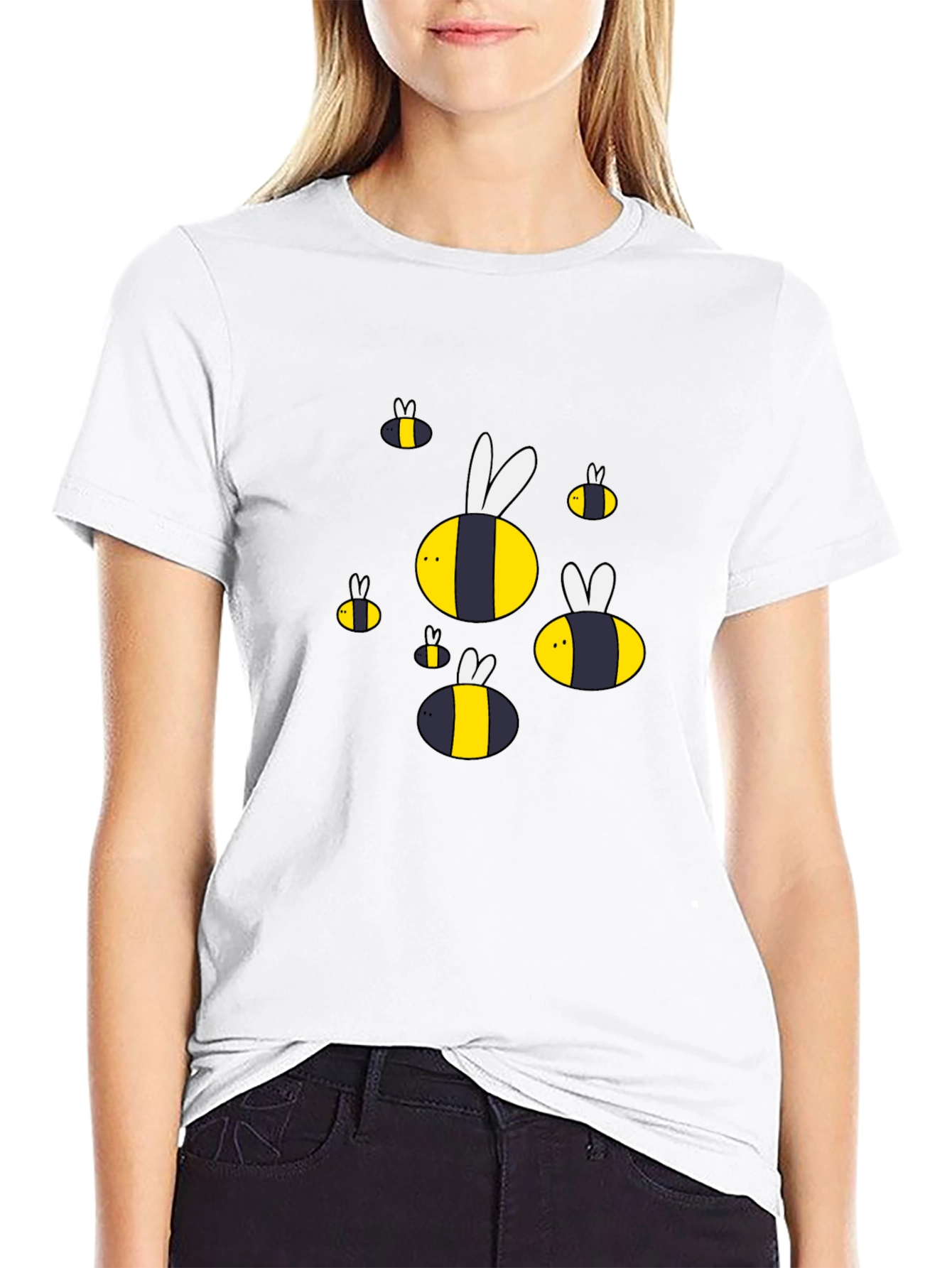 Cartoon Bee Graphic T-Shirt - Black Cotton Blend