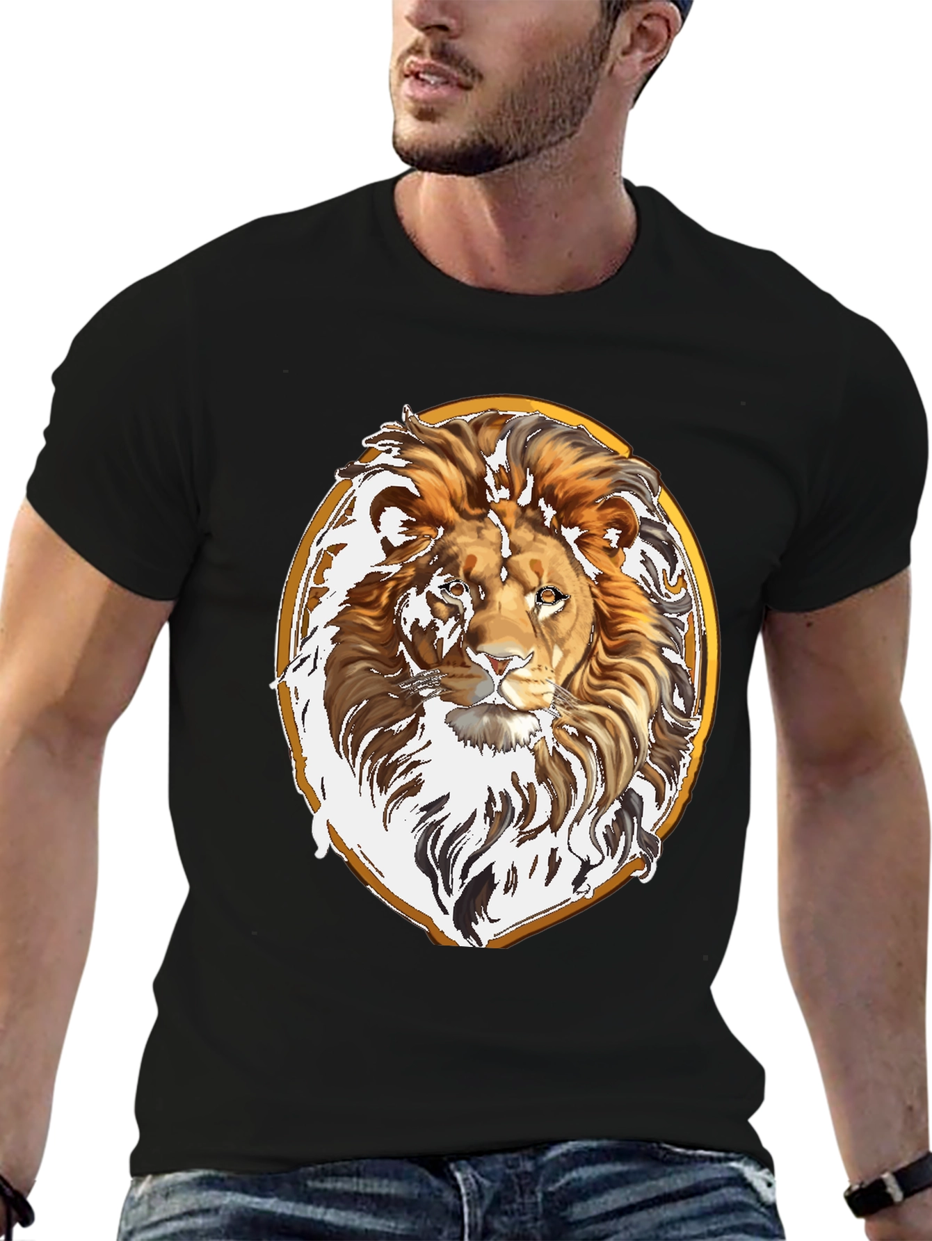 Lion Head Graphic Tee - Black Cotton Shirt