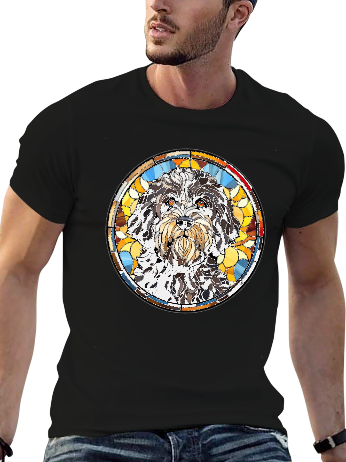 Stained Glass Dog Breed Graphic Tee - Black