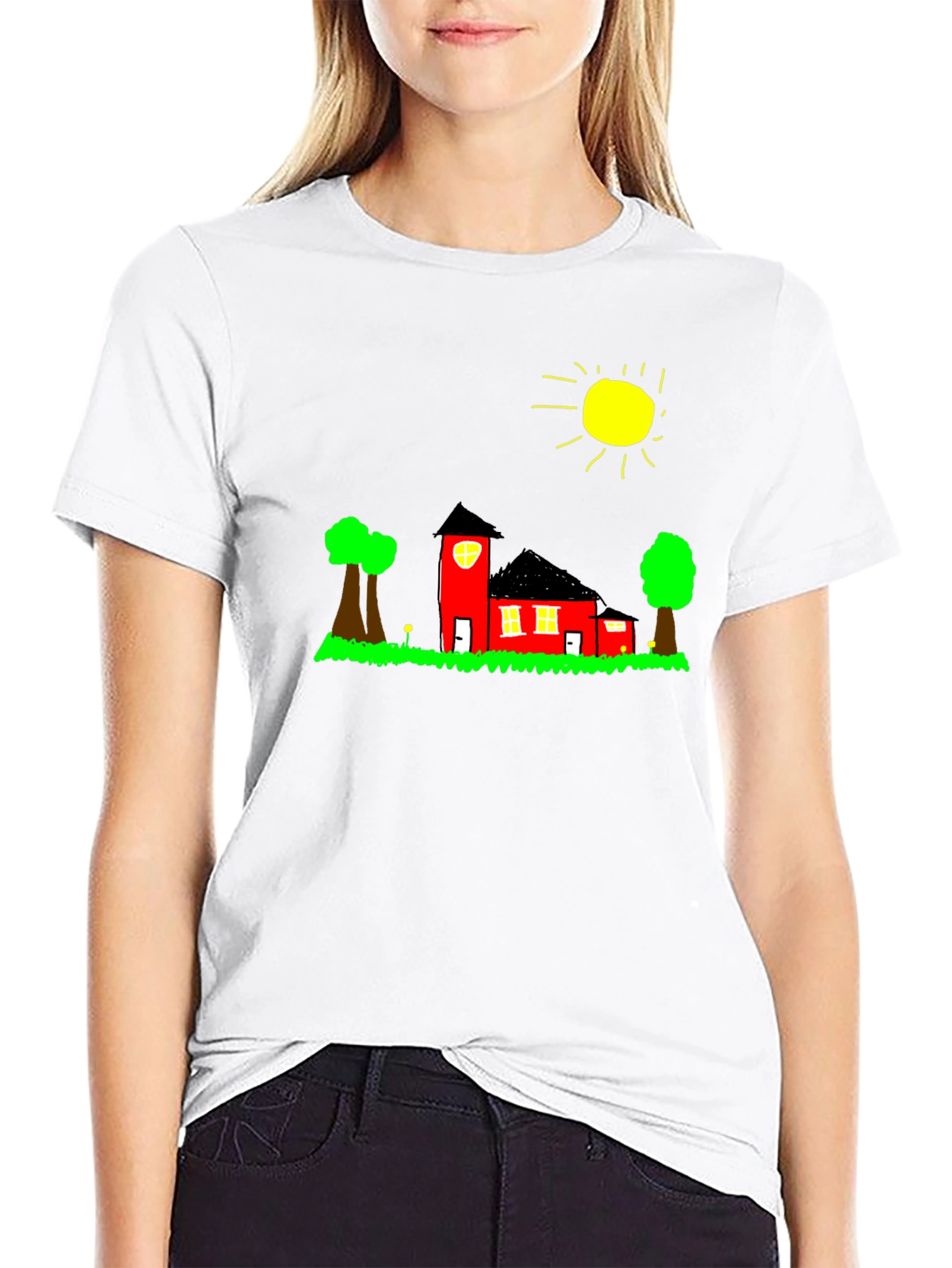 Whimsical House Graphic Tee - Black Cotton