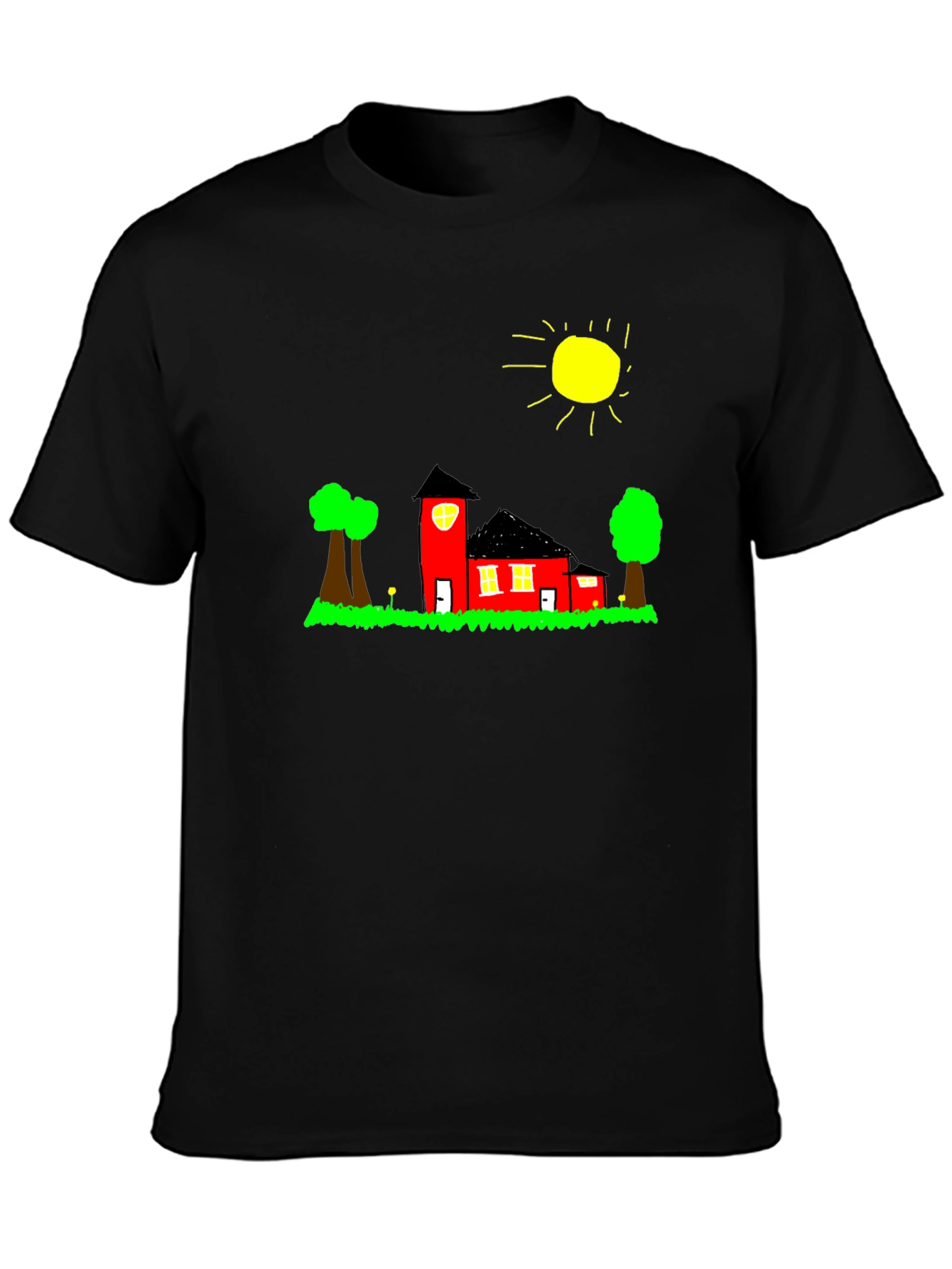 Whimsical House Graphic Tee - Black Cotton