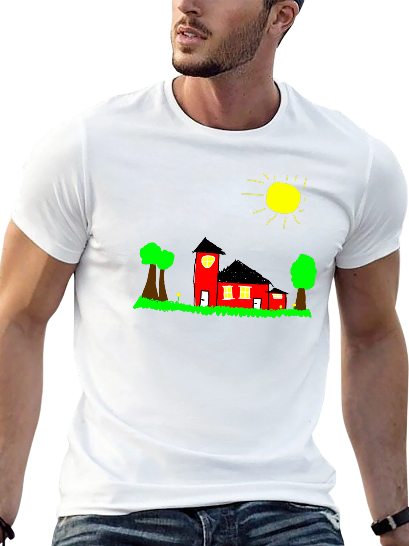 Whimsical House Graphic Tee - Black Cotton
