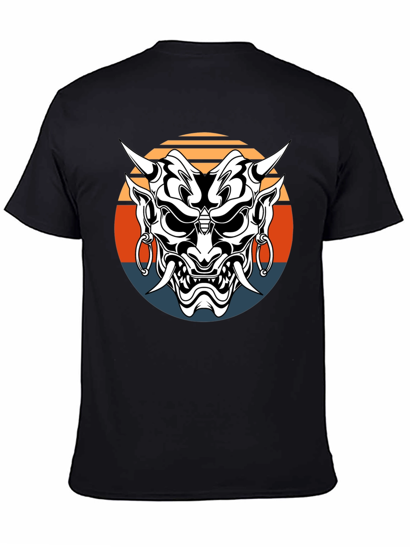 Japanese Oni Mask Graphic Tee - Black Cotton T-Shirt