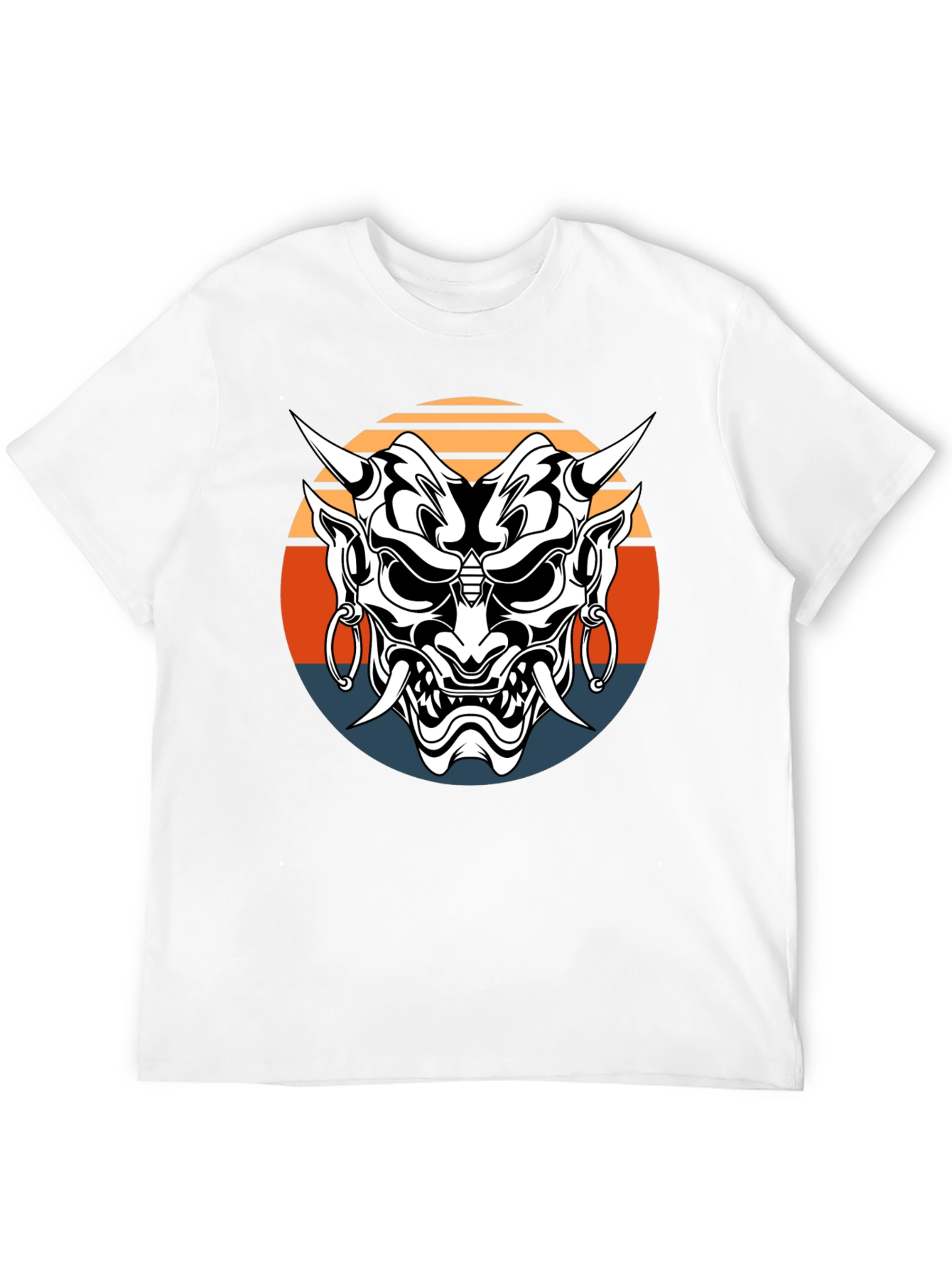 Japanese Oni Mask Graphic Tee - Black Cotton T-Shirt