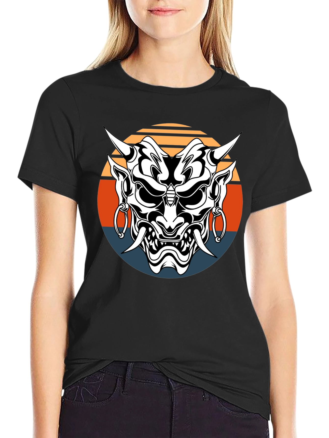 Japanese Oni Mask Graphic Tee - Black Cotton T-Shirt