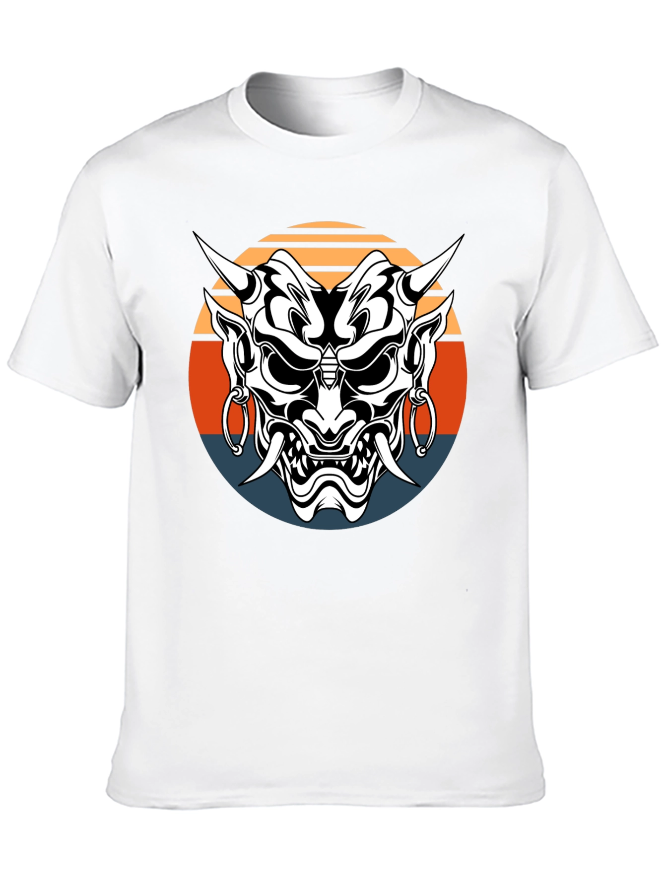 Japanese Oni Mask Graphic Tee - Black Cotton T-Shirt