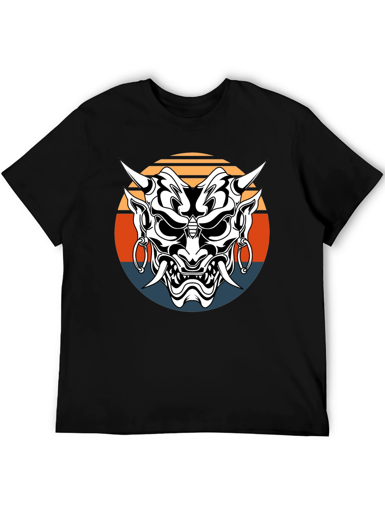 Japanese Oni Mask Graphic Tee - Black Cotton T-Shirt