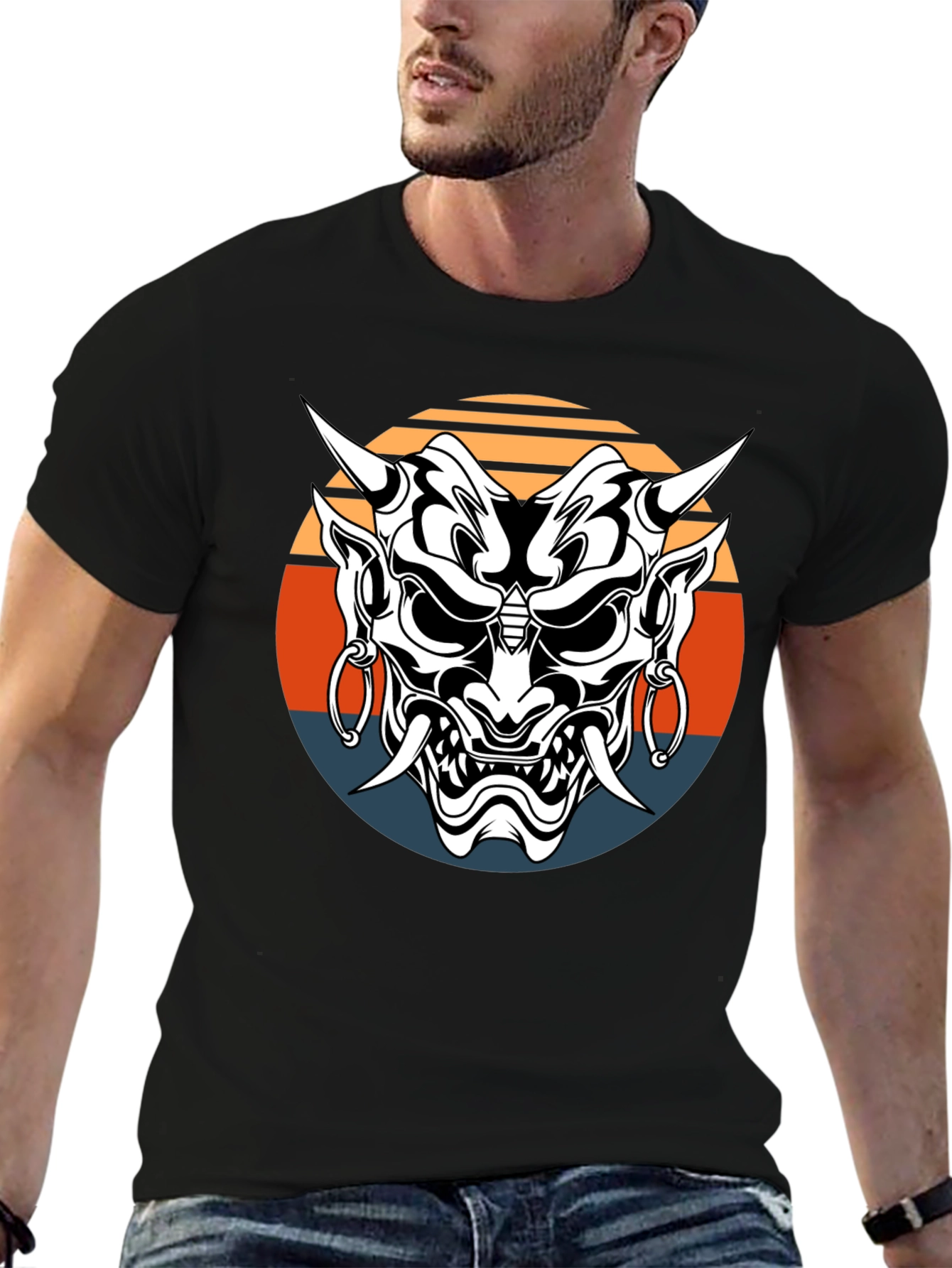 Japanese Oni Mask Graphic Tee - Black Cotton T-Shirt