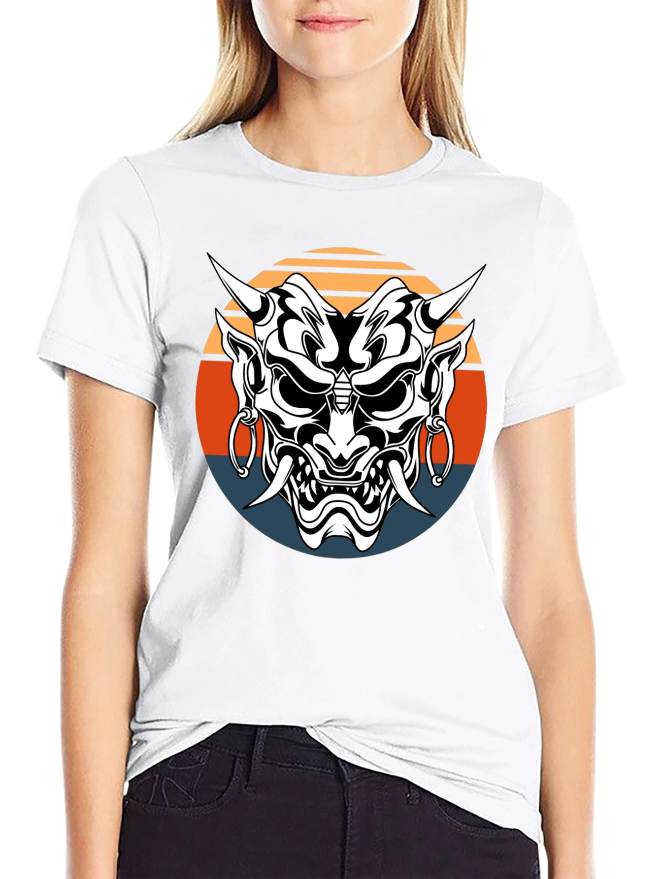 Japanese Oni Mask Graphic Tee - Black Cotton T-Shirt