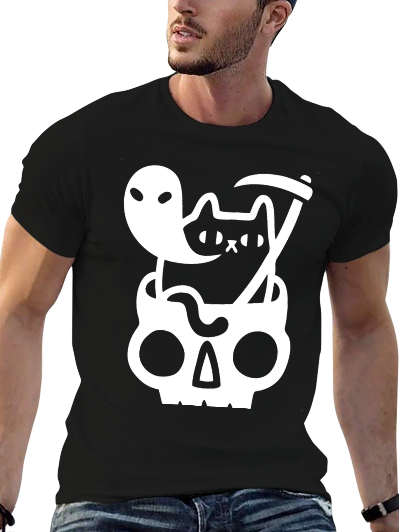 Spooky Cat & Ghost Skull T-Shirt