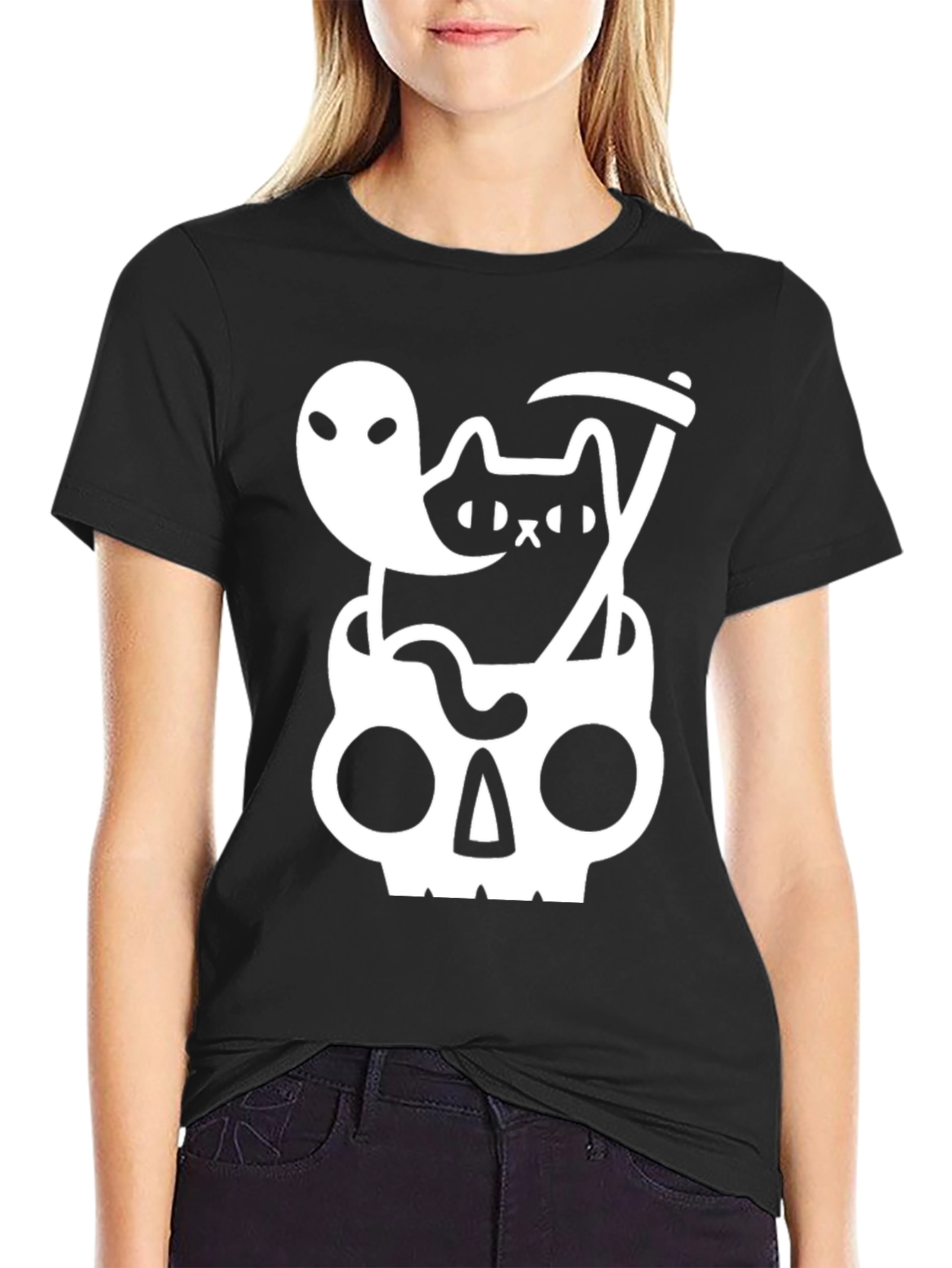 Spooky Cat & Ghost Skull T-Shirt