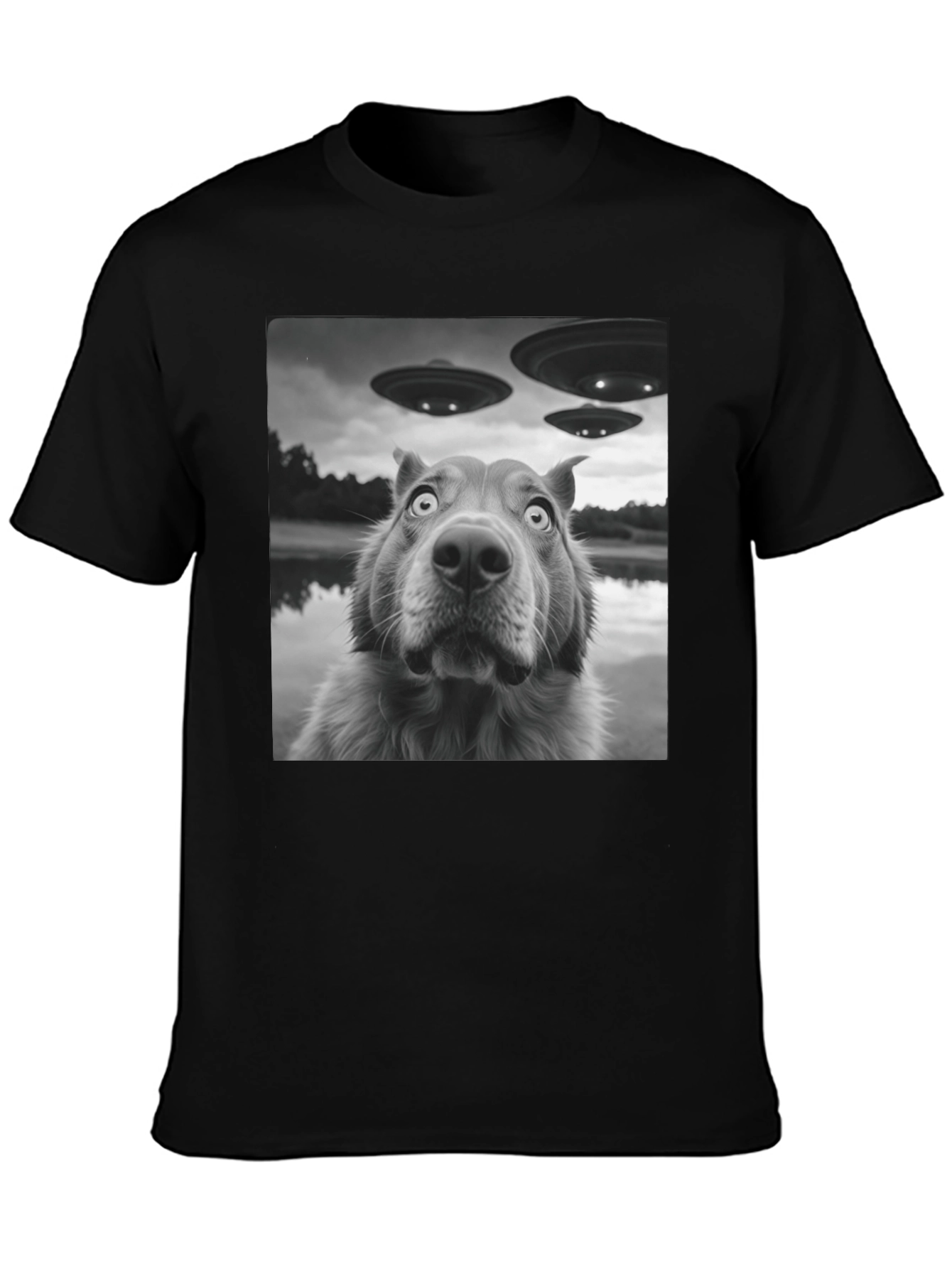 UFO Dog Black T-Shirt - Alien Invasion Design