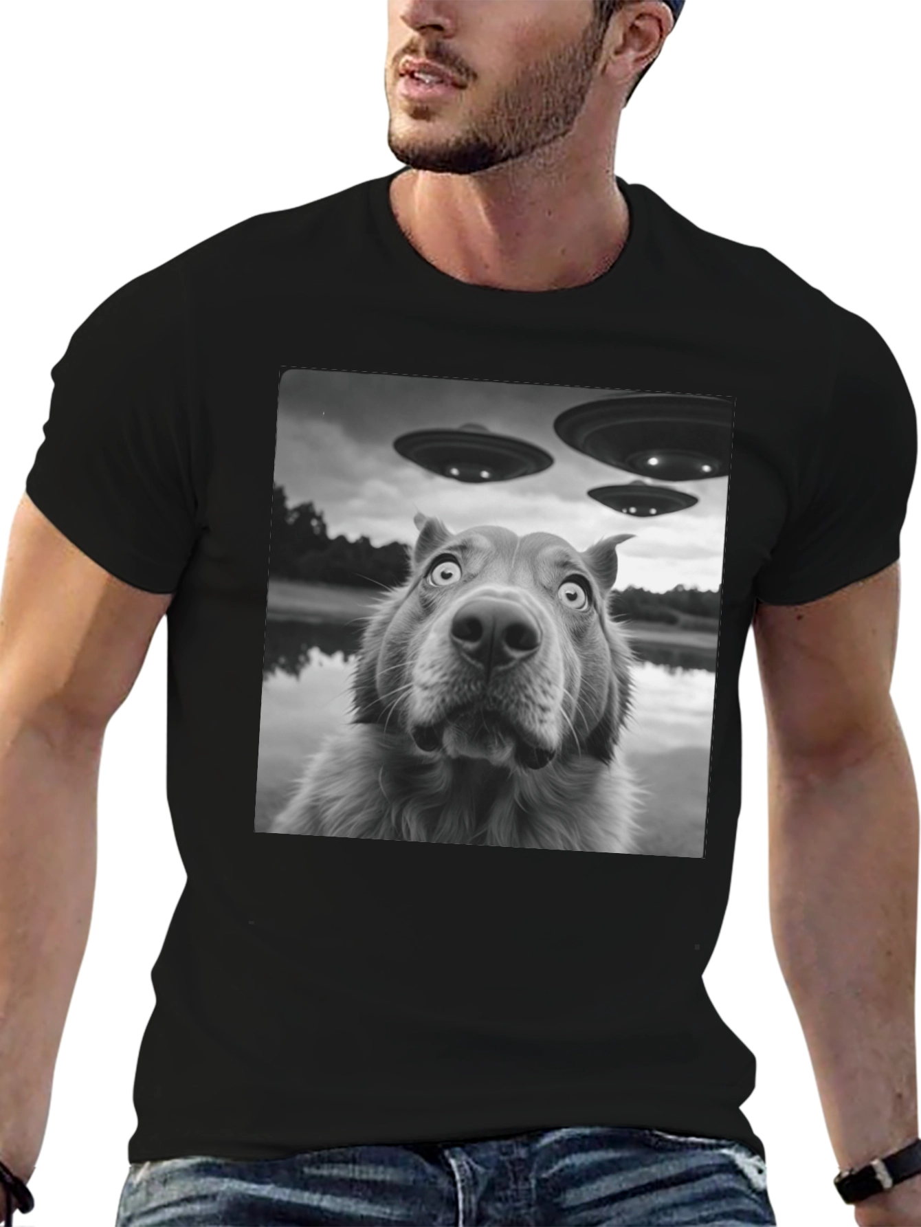 UFO Dog Black T-Shirt - Alien Invasion Design