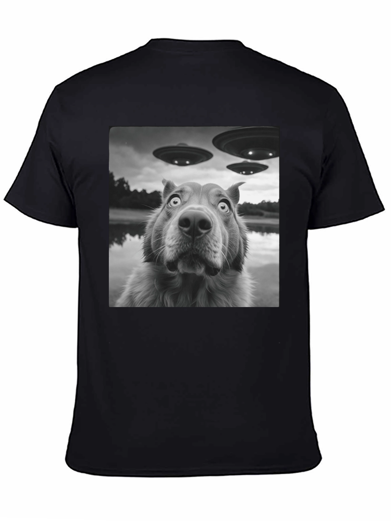 UFO Dog Black T-Shirt - Alien Invasion Design